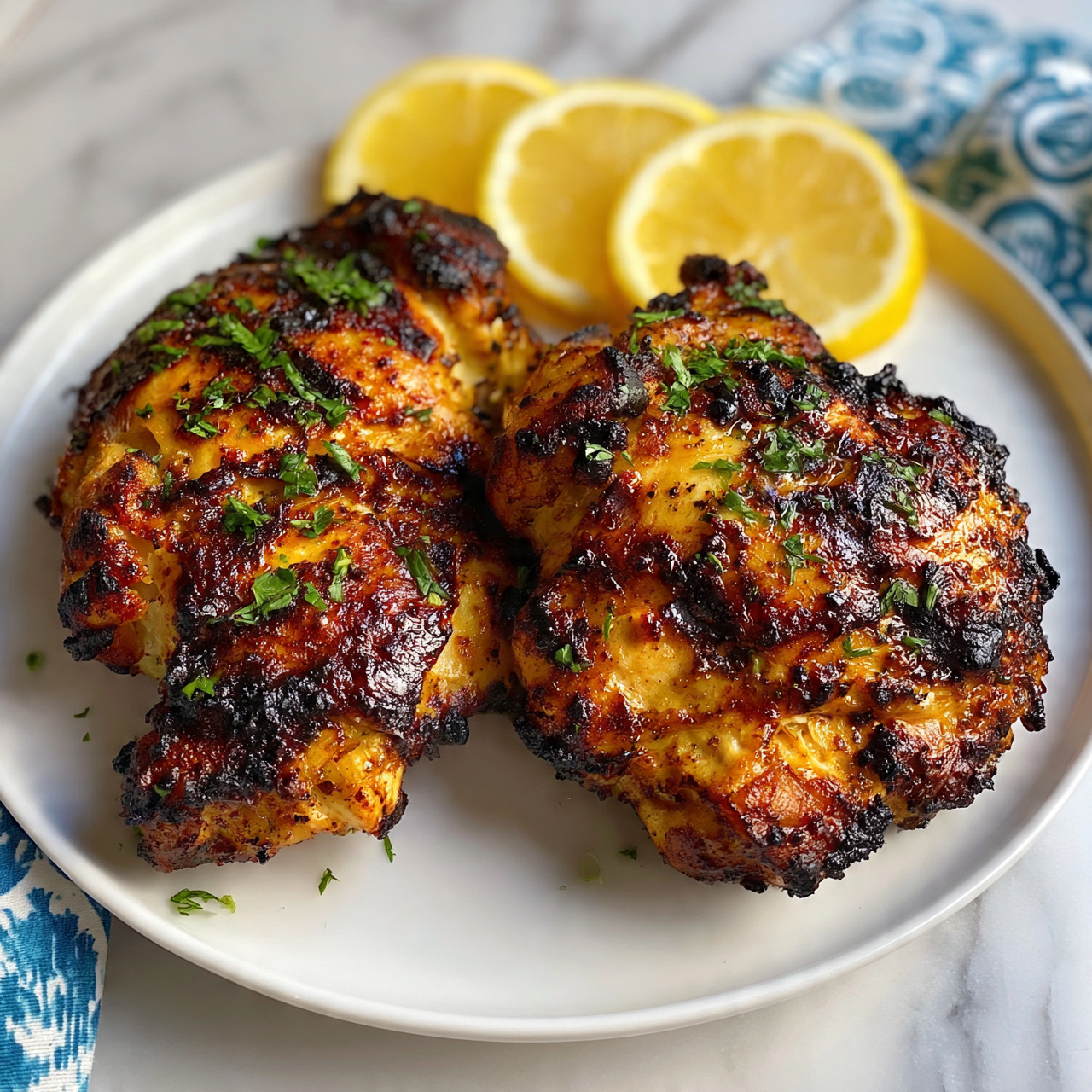 square image The image shows three grilled chicken pieces placed closely on a round white plate. The chicken has a dark brown and golden color with visible char marks and sprinkled fresh green herbs on top. At the back of the plate, three lemon slices with bright yellow color are slightly overlapping, adding a fresh citrus look. The plate sits on a white marbled surface with a blue and white patterned cloth partially visible at the edges. photo taken with an iphone --ar 4:5 --v 7