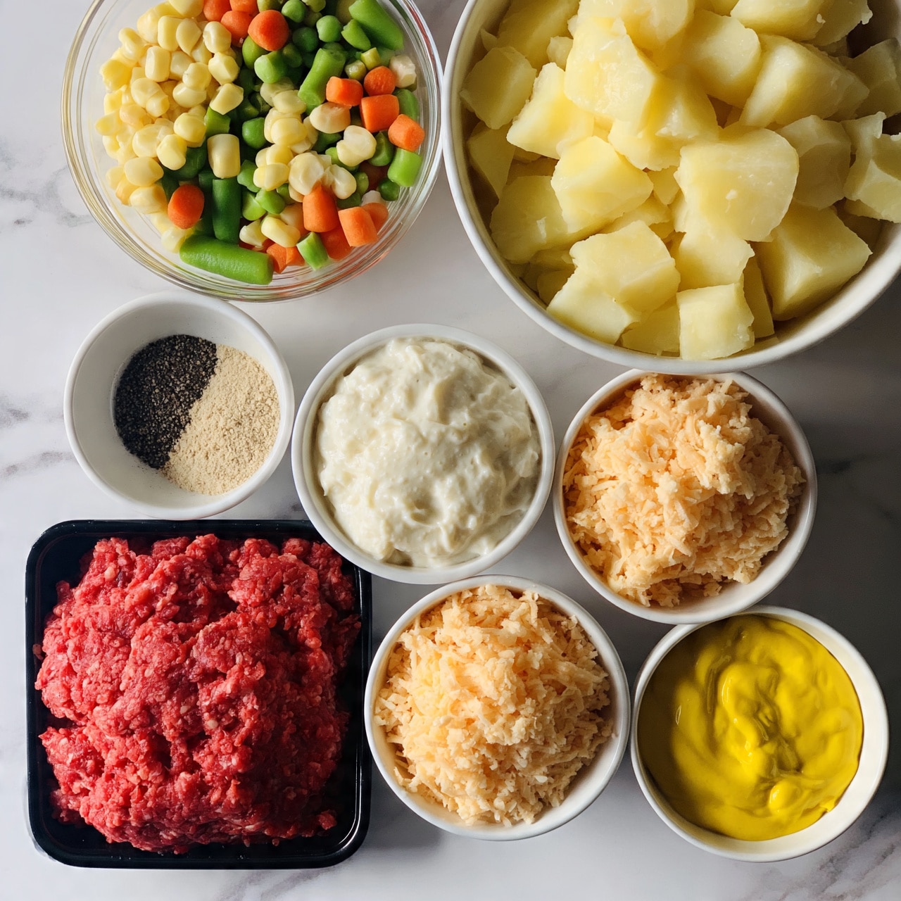 square image The image shows seven separate containers arranged on a white marbled surface. At the bottom left, there is a black tray holding bright red ground beef with a visible textured pattern. Above it, there is a small white bowl containing two spices side by side: black pepper on the left and a light beige powder on the right. To the right of the spice bowl is a white bowl filled with a creamy, thick white sauce. To its right, a larger white bowl holds shredded light orange cheese with a rough texture. Next to it, a white bowl contains smooth, thick, and bright yellow mustard or sauce. At the top left, a clear glass bowl shows a mixture of small colorful vegetables including bright green beans, light yellow corn, orange carrots, and peas. To the right of the glass bowl, a large white bowl is full of pale yellow potato chunks with smooth surfaces. Photo taken with an iphone --ar 4:5 --v 7