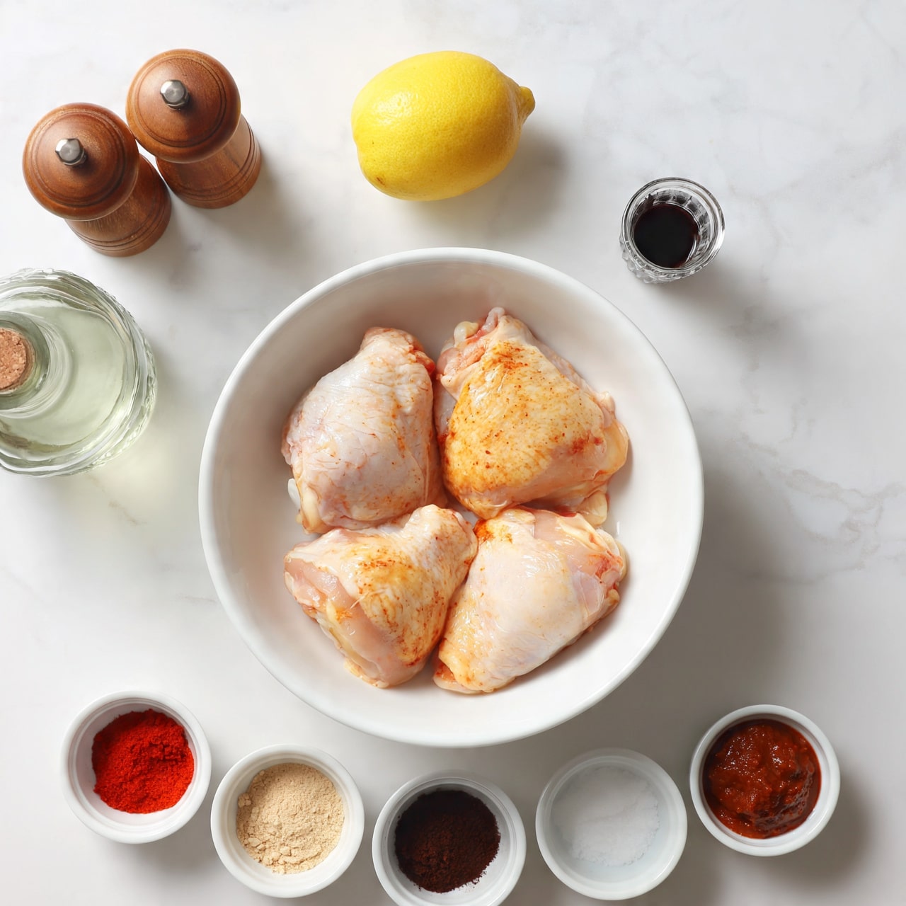 square image The image shows a white round bowl filled with four raw chicken pieces, each with different shades of pale pink and light orange, placed on a white marbled surface. Around the bowl, there is a whole yellow lemon at the top center, a pair of wooden pepper and salt grinders to the left, a clear greenish glass bottle with a cork stopper below the grinders, and a small glass container with dark liquid to the right. Below the bowl, five small white bowls hold different spices and sauces: bright red powder, light beige powder, dark brown powder, white salt, and a reddish-brown thick paste. The scene is bright and clear, with everything neatly arranged in a top-down view. photo taken with an iphone --ar 4:5 --v 7