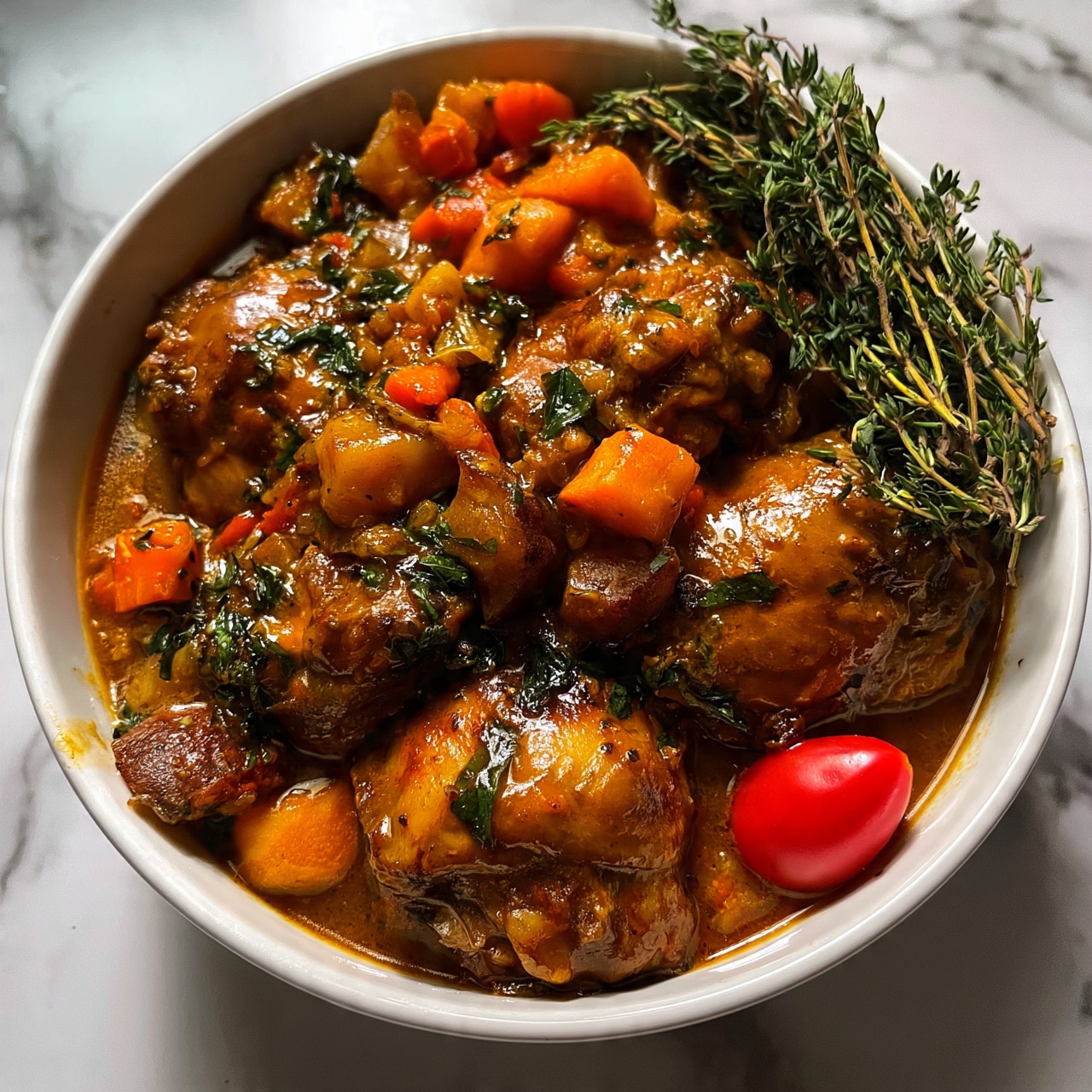 square image The image shows a round white bowl filled with a rich, thick stew made of several pieces of cooked chicken covered in a brownish-orange sauce. The stew has visible chunks of orange carrots, small brown potato pieces, and leafy green herbs scattered on top. There is also a bunch of fresh thyme resting on the stew near the right side, and a bright red small tomato tucked into the bottom right corner of the bowl. The surface beneath the bowl is a white marbled texture. The lighting highlights the shiny, moist texture of the chicken and vegetables. Photo taken with an iphone --ar 4:5 --v 7