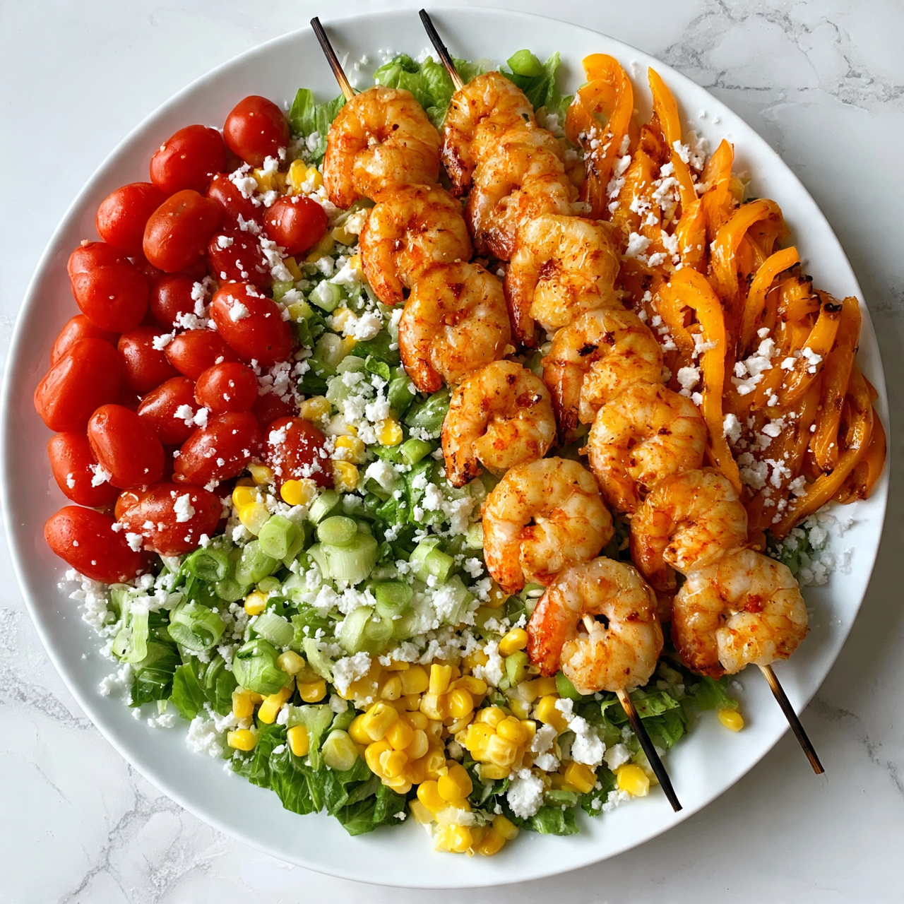 square image A large white plate holds a colorful salad topped with two skewers of grilled shrimp. The shrimp are golden orange with slight char marks, threaded closely together on the skewers. Beneath, the salad is made up of several layers: a base of chopped green lettuce, scattered yellow corn, and sliced green onion; on one side, bright red grape tomatoes; on the other, grilled orange bell pepper strips; and white crumbly cheese sprinkled all over. The whole plate rests on a white marbled surface. Photo taken with an iphone --ar 4:5 --v 7