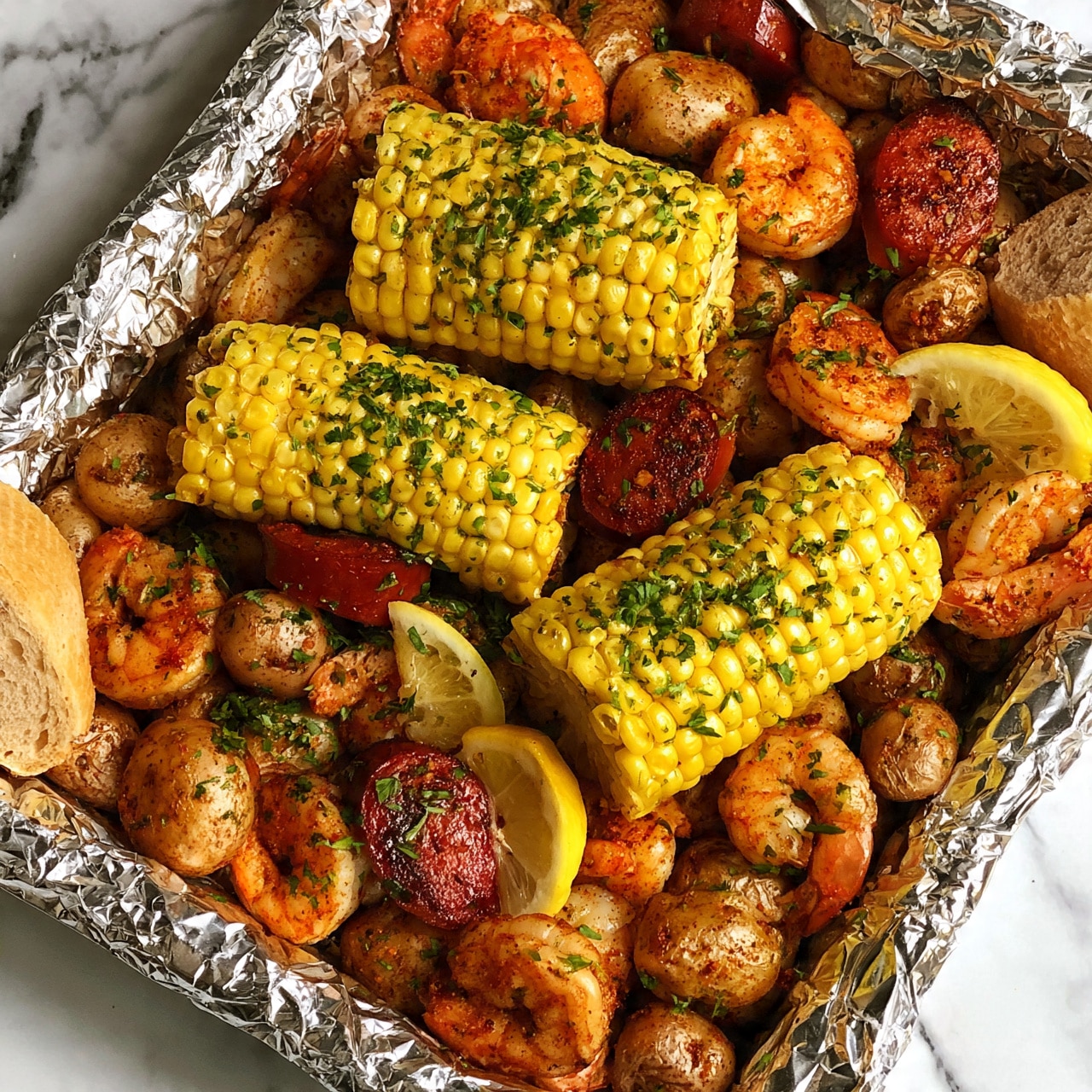 square image The image shows a foil-lined baking tray filled with a mix of cooked food. There are several sections of bright yellow corn on the cob placed on top and middle parts of the tray, sprinkled with green chopped herbs. Surrounding the corn are cooked shrimp with a reddish brown color and some slices of reddish sausage mixed with small round potatoes that are brown with some seasoning visible. A few yellow lemon slices are scattered among the ingredients. Pieces of light brown bread are placed near the edges of the tray. The whole dish looks spicy with a mix of colors from golden corn, orange shrimp, and red sausage, all on crinkled silver foil. The tray is on a white marbled surface. photo taken with an iphone --ar 4:5 --v 7