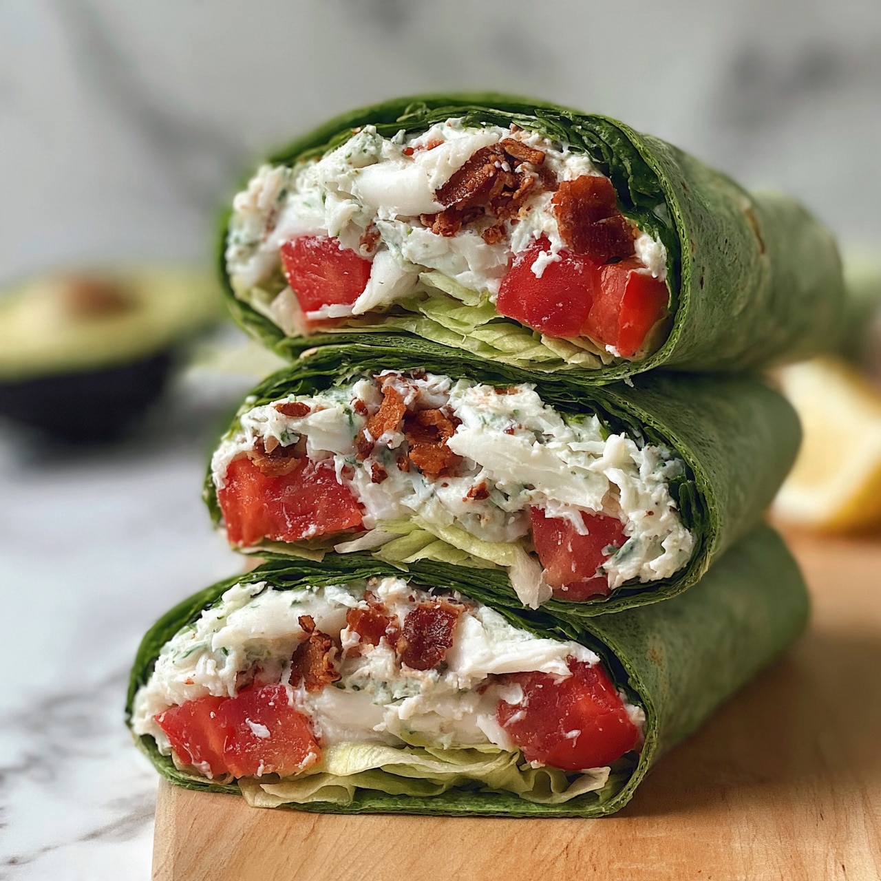 square image The image shows a stack of three green wraps cut in half and placed one on top of another. Each wrap has four visible layers inside: the outer green spinach tortilla, a layer of light green lettuce, a thick middle layer of white crab meat or shredded white protein mixed with bits of crispy brown bacon, and chunks of red tomato. The wraps are placed on a light wooden surface with a white marbled background. A sliced avocado and a lemon wedge can be seen blurred in the background. Photo taken with an iphone --ar 4:5 --v 7