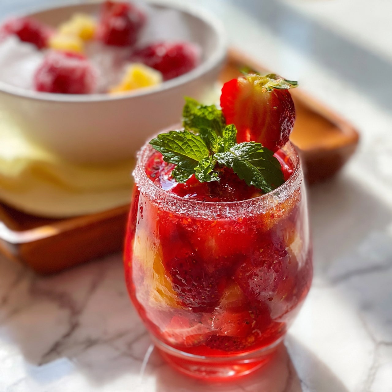 square image A clear glass is filled with a bright red drink that has slices of strawberries and small pieces of other fruits inside. On top of the drink, there are fresh green mint leaves and a halved strawberry. The glass rim is decorated with a shiny sugar layer. Behind the glass, there is a white bowl holding ice cubes with frozen strawberries and small pieces of yellow fruit inside. The white bowl is placed on a wooden tray with a pale yellow cloth underneath, all set on a white marbled surface. Photo taken with an iphone --ar 4:5 --v 7