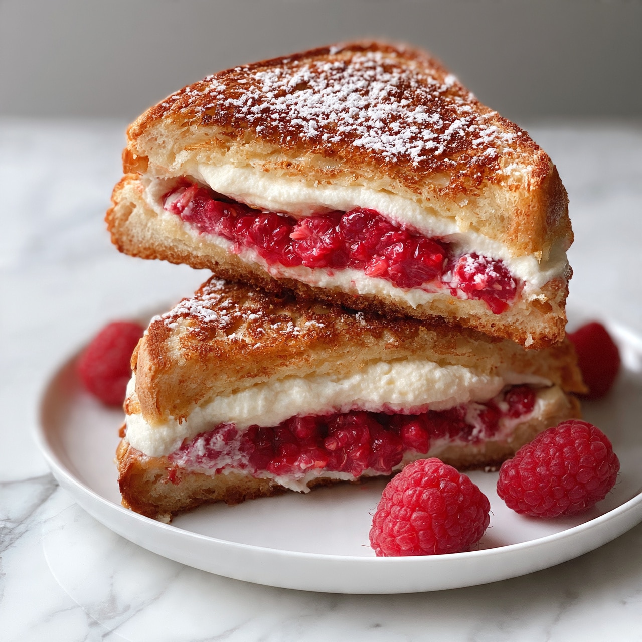 square image Two triangular sandwich halves stacked on a white plate are shown on a white marbled surface. The sandwich has a golden brown toasted crust with a slightly crispy texture. Inside, there are two layers: a thick, creamy white layer and a layer filled with bright red raspberries, some whole and some slightly crushed, creating a fresh and juicy look. A dusting of powdered sugar is sprinkled on top, and three whole raspberries rest around the plate for decoration. The top sandwich half is slightly tilted to reveal the inside layers clearly. Photo taken with an iphone --ar 4:5 --v 7
