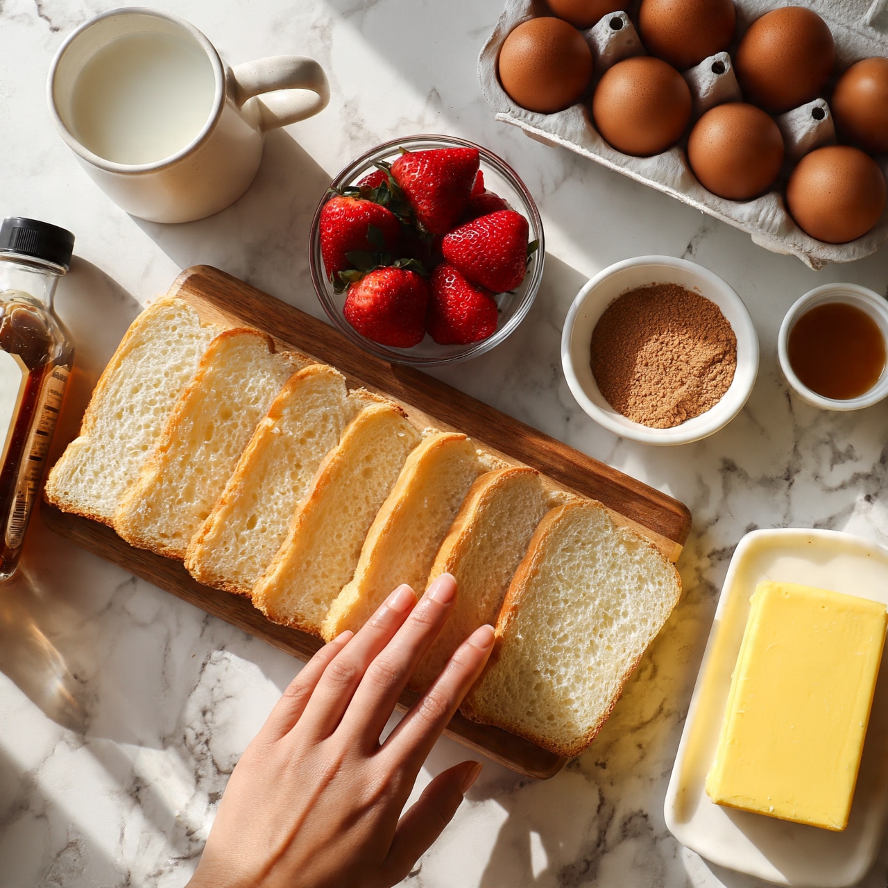 square imageThe image shows a wooden board with seven slices of white bread arranged side by side, a small glass bowl of fresh red strawberries placed above the bread, a white bowl filled with light brown powder (likely cinnamon) to the right of the strawberries, and six whole brown eggs in a white egg carton to the upper right. There's a white ceramic mug filled with milk near the top left, a small white ramekin with light brown liquid beside the eggs, a yellow rectangular block of butter on a white plate in the bottom right, and a bottle of vanilla extract standing next to the bread on the left. The surface beneath everything is a white marbled texture, and a woman's hand is reaching toward the eggs. Photo taken with an iphone --ar 4:5 --v 7