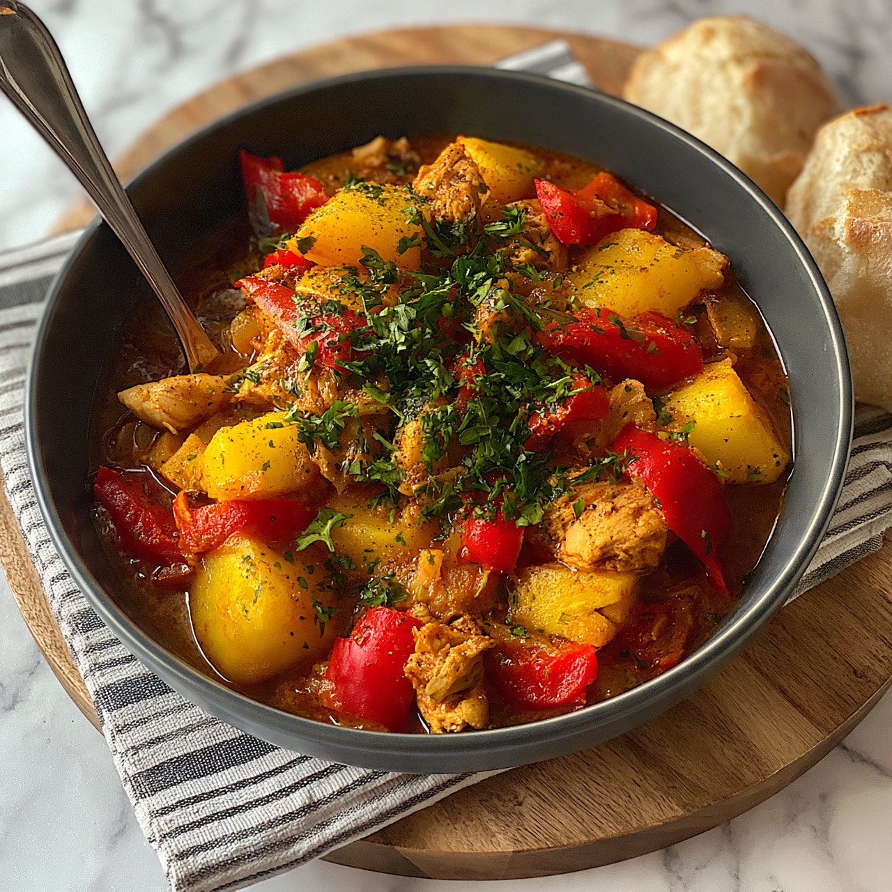 square image A dark grey bowl filled with a colorful stew made of yellow potatoes, bright red bell peppers, and pieces of chicken in a rich, brown sauce. The stew is sprinkled with green parsley on top. A metal spoon is placed inside the bowl, resting on the left side. The bowl sits on a striped cloth napkin, which is on a round wooden board. Two pieces of bread are placed on the right side of the board. The photo is taken on a white marbled surface. Photo taken with an iphone --ar 4:5 --v 7