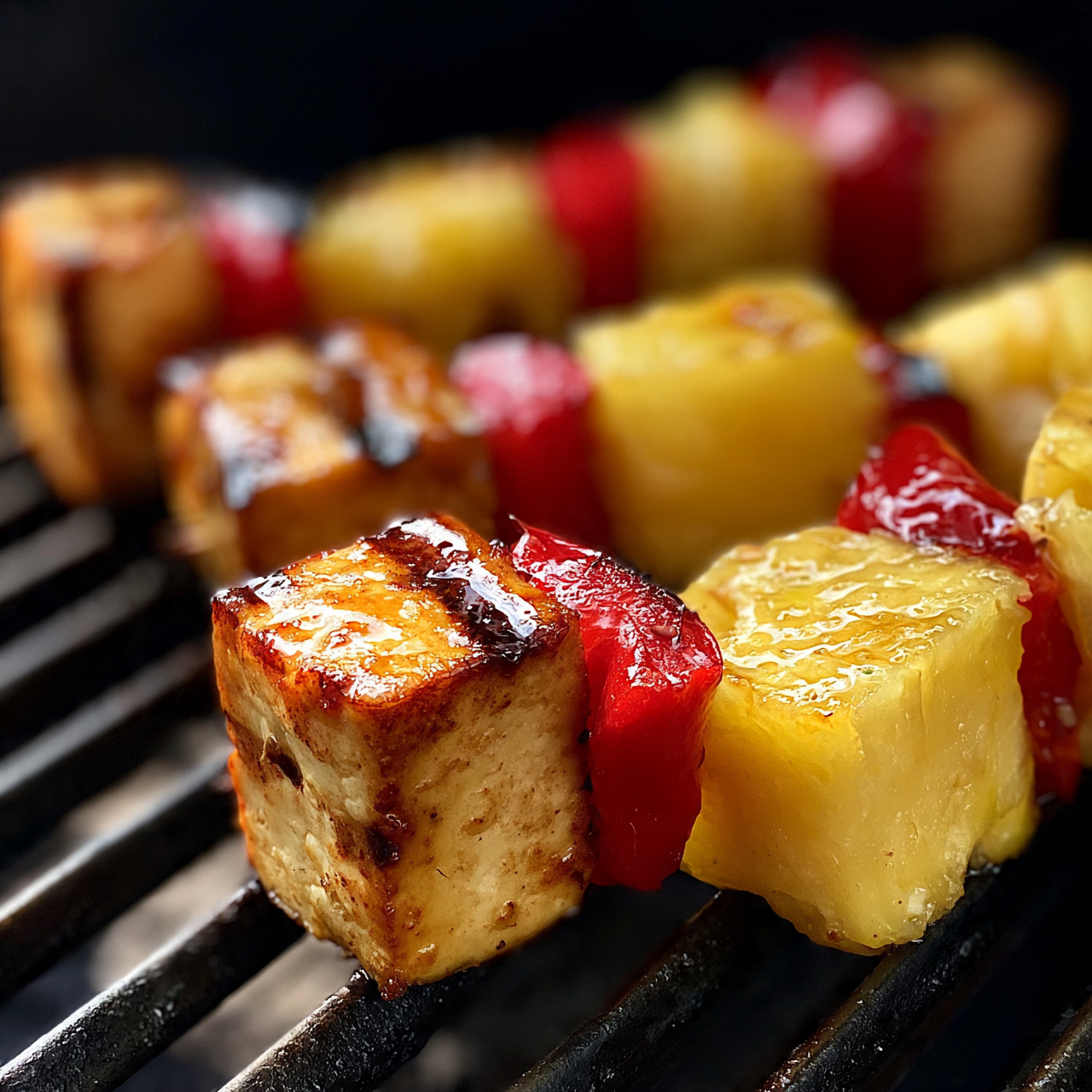 square image Grilled skewers are shown close up on a grill with dark metal bars. Each skewer has three layers repeating in this order: a golden brown tofu cube with a slightly charred surface, a bright red bell pepper piece with a smooth texture, and a juicy yellow pineapple chunk with a glossy finish. The tofu cubes have grill marks, and the whole skewer looks shiny with glaze. The background is dark and out of focus, making the colorful food stand out. photo taken with an iphone --ar 4:5 --v 7
