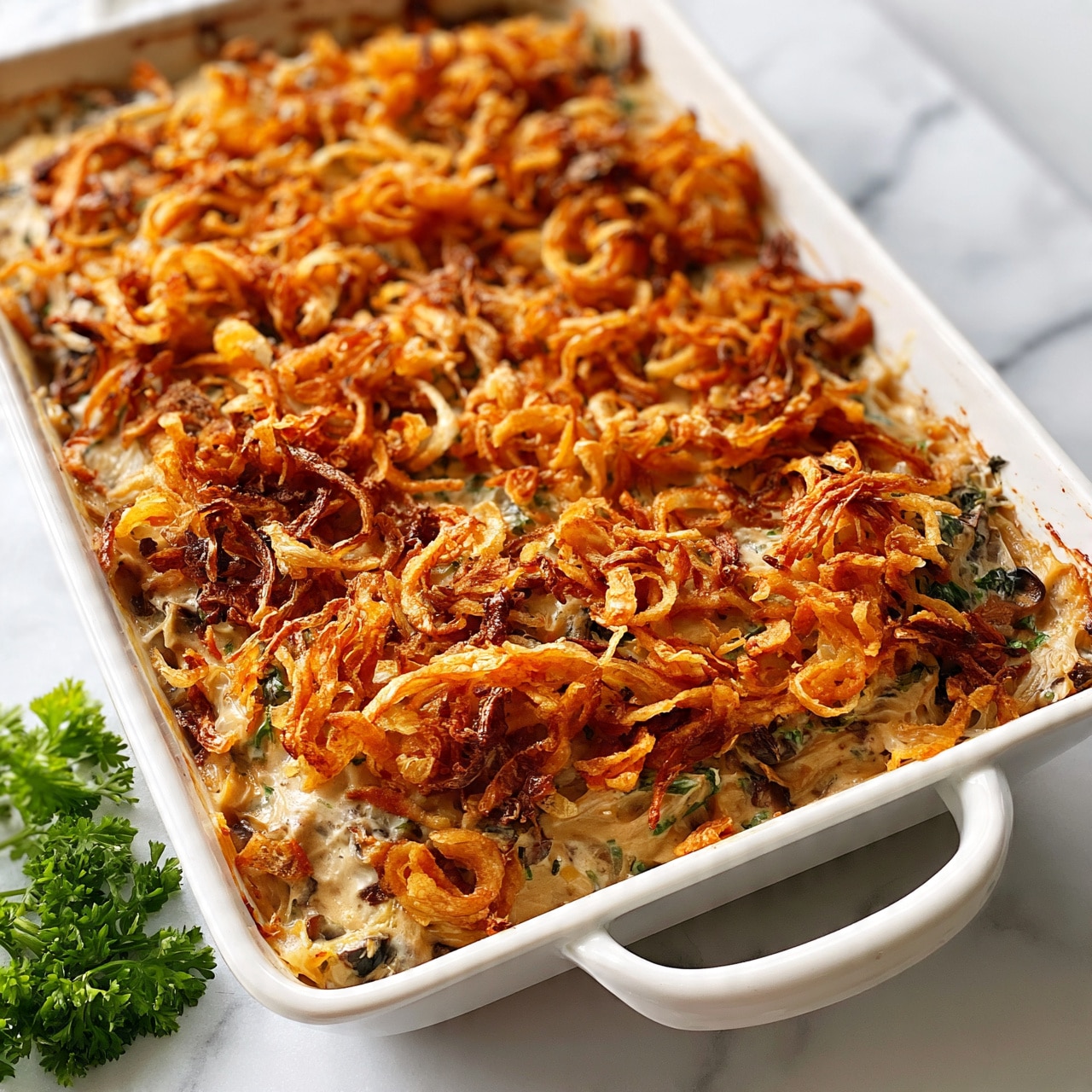 square image A white rectangular dish filled with a layered casserole topped with golden brown crispy fried onions spread evenly. The casserole has a creamy light brown layer underneath the onions, mixed with small bits of green herbs and darker mushroom pieces visible. The dish sits on a white marbled surface with a small bunch of green parsley nearby. Photo taken with an iphone --ar 4:5 --v 7