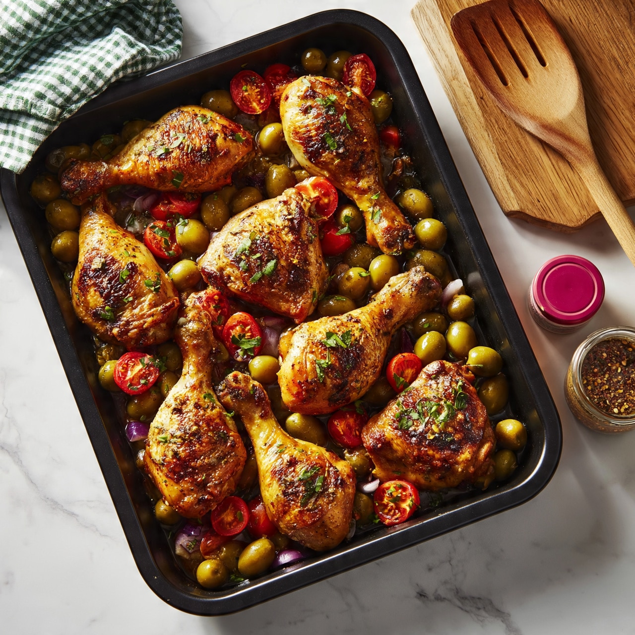square image A black baking tray filled with golden-brown roasted chicken legs and thighs, placed on a white marbled surface. The chicken pieces rest on a bed of cooked green olives, cherry tomatoes cut in halves, and small slices of red onion. Fresh green herbs are sprinkled over the top, adding a pop of color. To the right of the tray is a wooden cutting board with a wooden spatula resting on it. Nearby are two small round jars, one with a pink lid and the other with a mix of spices. A green and white checkered cloth is folded and placed at the top left corner of the tray. Photo taken with an iphone --ar 4:5 --v 7