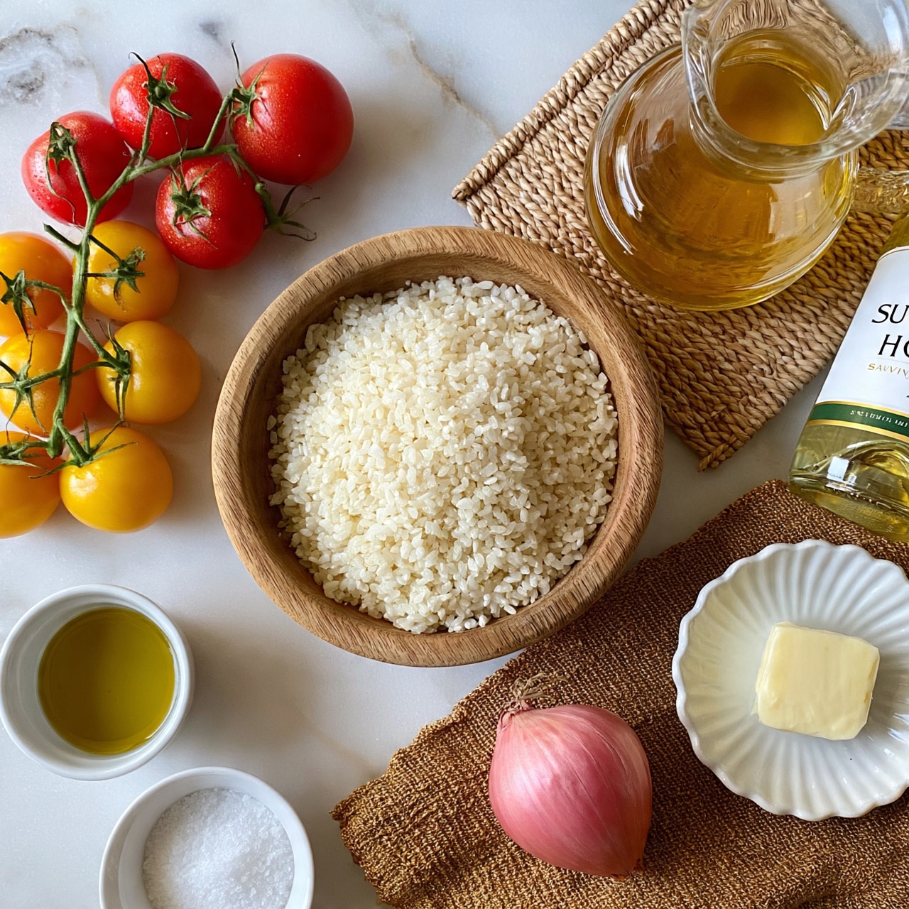 square image A white marbled surface holds a round wooden bowl filled with white raw rice grains in the center. Around it are bright red and yellow cherry tomatoes still on green stems on the left side, and a clear glass jug filled with golden broth placed on a woven mat on the right. Below the bowl, a white cup contains golden olive oil next to a small white bowl filled with white salt. At the lower right, a pink shallot and a white scalloped plate with a small square of butter are placed on a brown textured cloth. A bottle of Sutter Home Sauvignon Blanc with a white and green label lies on the cloth near the jug. Photo taken with an iphone --ar 4:5 --v 7