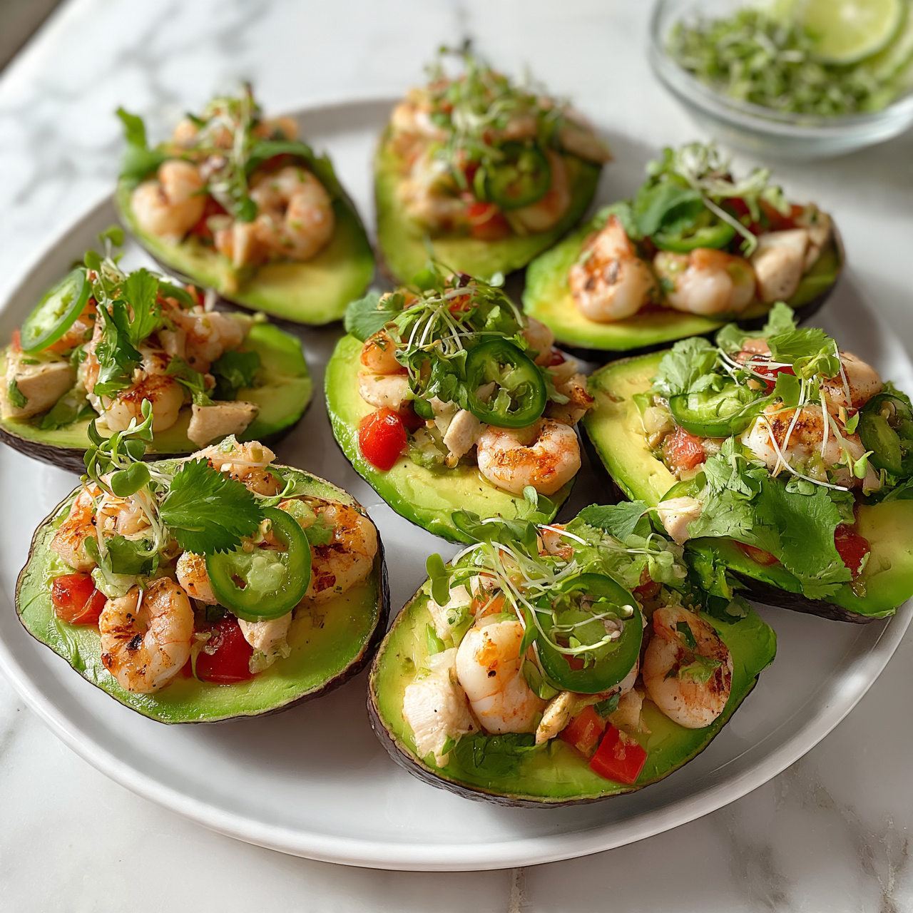 Grilled Avocado Halves Filled with Fresh Veggie Ceviche Recipe 5 square image The image shows eight avocado halves arranged on a white plate, each filled with a colorful salad. The base layer is the bright green avocado flesh, smooth and creamy. On top, there is a mix of small pink shrimp, white chicken pieces, small red tomato chunks, green jalapeño slices, and fresh green cilantro leaves. The texture of the shrimp and chicken is slightly grilled or seared, giving them a light brown tint. Some microgreens are sprinkled over the mixture for freshness and added color. The plate sits on a white marbled surface, and there is a small glass bowl with more microgreens and slices of lime visible in the background. photo taken with an iphone --ar 4:5 --v 7
