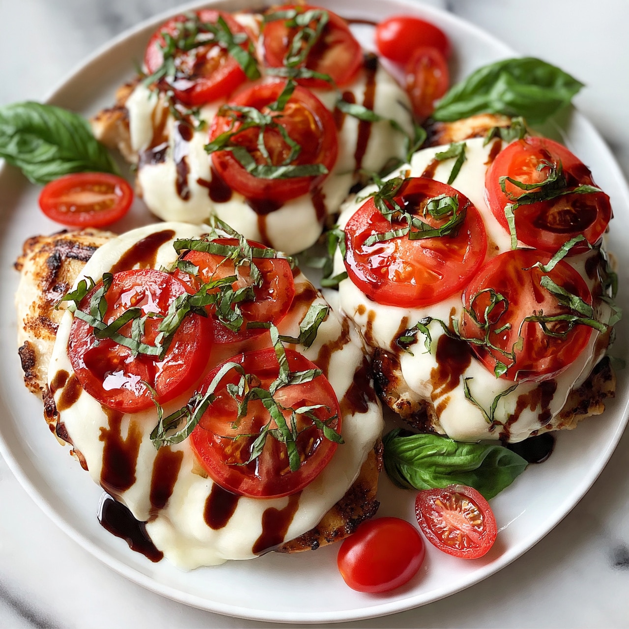 square image The image shows three pieces of grilled chicken topped with smooth, melted mozzarella cheese that slightly drapes over the edges. On top of the cheese are bright red tomato slices arranged evenly, with thin strips of fresh green basil scattered across each piece. A dark brown balsamic glaze is drizzled in lines over the whole dish, adding shine and contrast. Around the chicken are whole and halved cherry tomatoes and fresh green basil leaves. All of this sits on a white plate on a white marbled surface. photo taken with an iphone --ar 4:5 --v 7