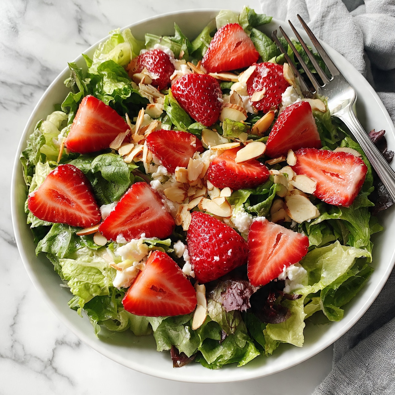 square image A white bowl filled with a leafy green salad that has a mix of light and dark green leaves forming the base layer. On top, there are bright red strawberry slices scattered all over, along with small white curd cheese pieces adding texture. Thin, light brown almond slices are spread evenly over the salad. A silver fork rests on the right side of the bowl. The bowl sits on a white marbled surface with a soft gray cloth nearby. photo taken with an iphone --ar 4:5 --v 7