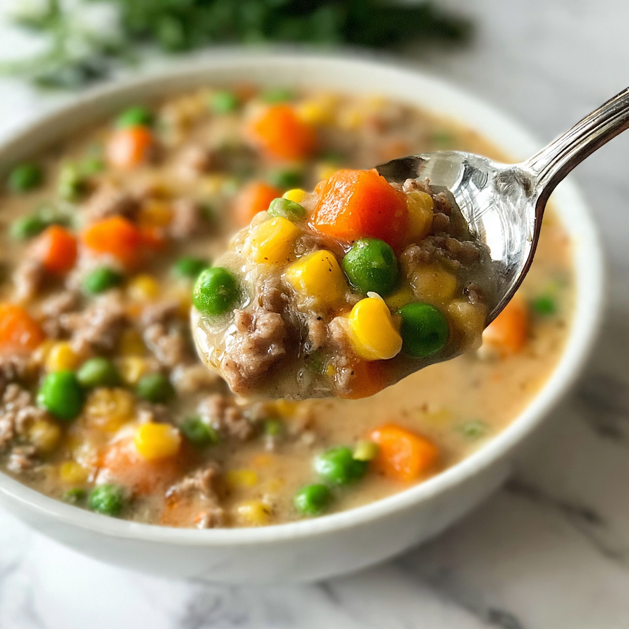 square image The image shows a close-up of a white bowl filled with thick soup. The soup has several layers: a creamy light brown broth forms the base, mixed with tiny bits of cooked ground meat, bright orange carrot cubes, yellow corn kernels, and green peas. A silver spoon lifts some soup, showing all these ingredients clearly, with the spoon's surface reflecting light. The bowl sits on a white marbled surface with some green herbs blurred in the background. photo taken with an iphone --ar 4:5 --v 7