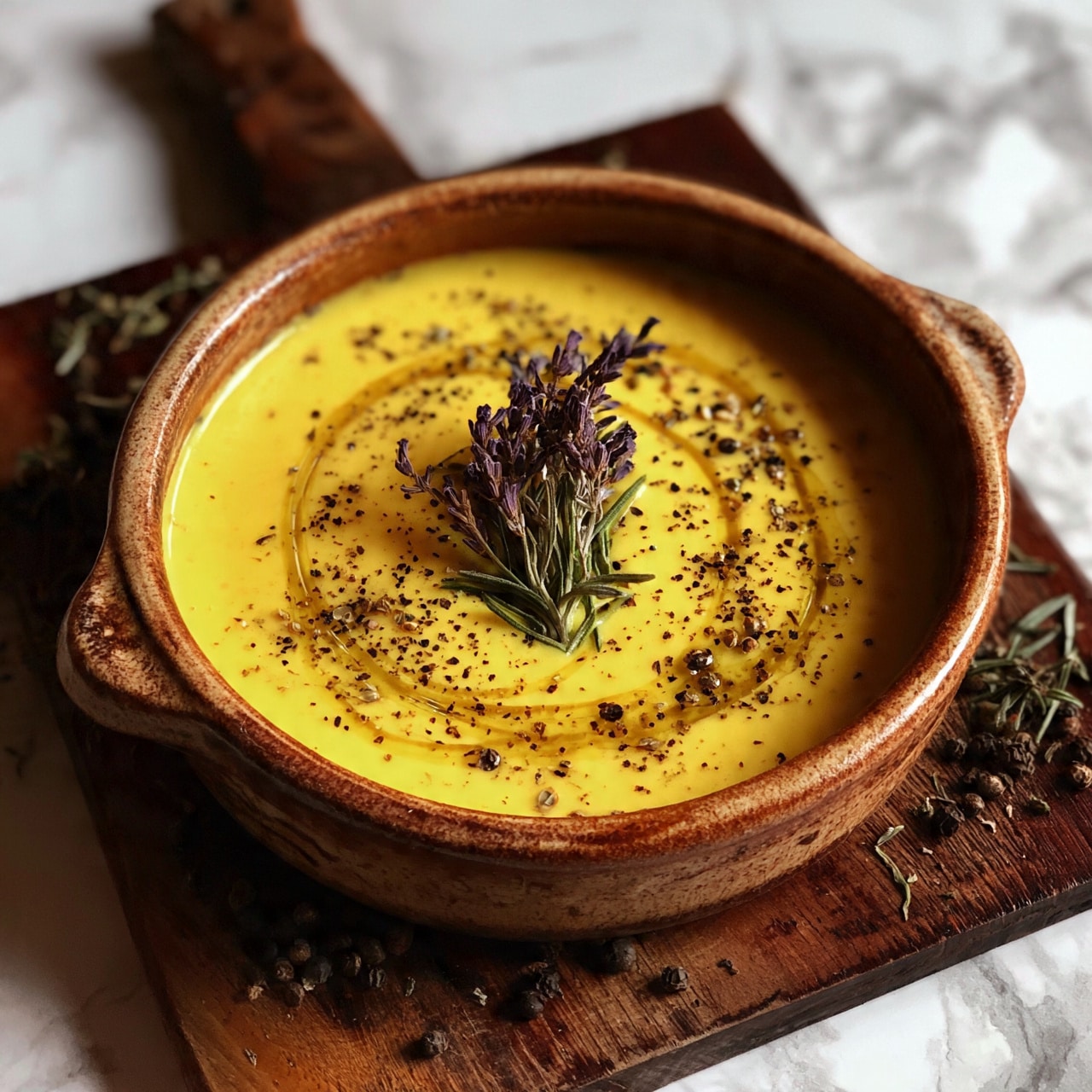square image A brown rustic bowl filled with smooth yellow soup, with a swirl of oil on top and sprinkled black pepper and seeds, decorated with a small bunch of dried lavender and rosemary in the center, placed on a dark wooden board with scattered peppercorns and herbs around it, all set against a white marbled texture background, photo taken with an iphone --ar 4:5 --v 7