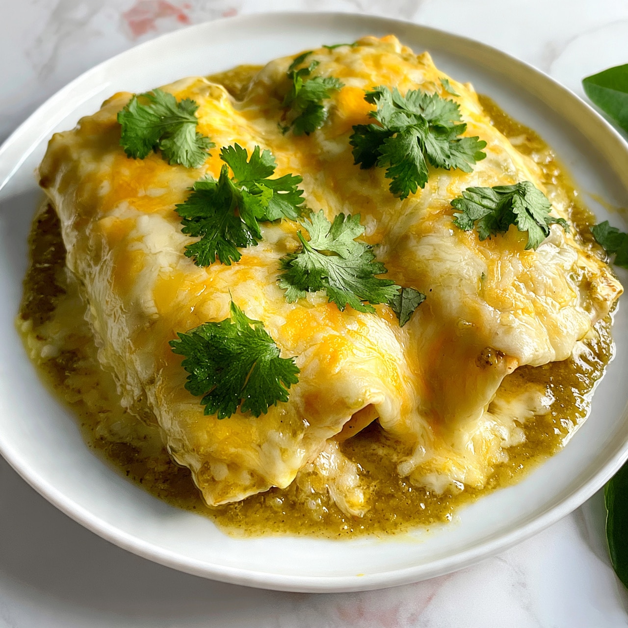 square image Two rolled tortillas lie side by side on a white plate, covered with a thick, melted layer of yellow and white cheese that blends smoothly over the top. A green sauce coats the tortillas underneath the cheese, pooling slightly around the edges on the plate. Fresh green cilantro leaves are scattered across the top, adding bright color contrast. The plate rests on a white marbled surface with hints of light veining, and some green leaves partially appear on the side. Photo taken with an iphone --ar 4:5 --v 7