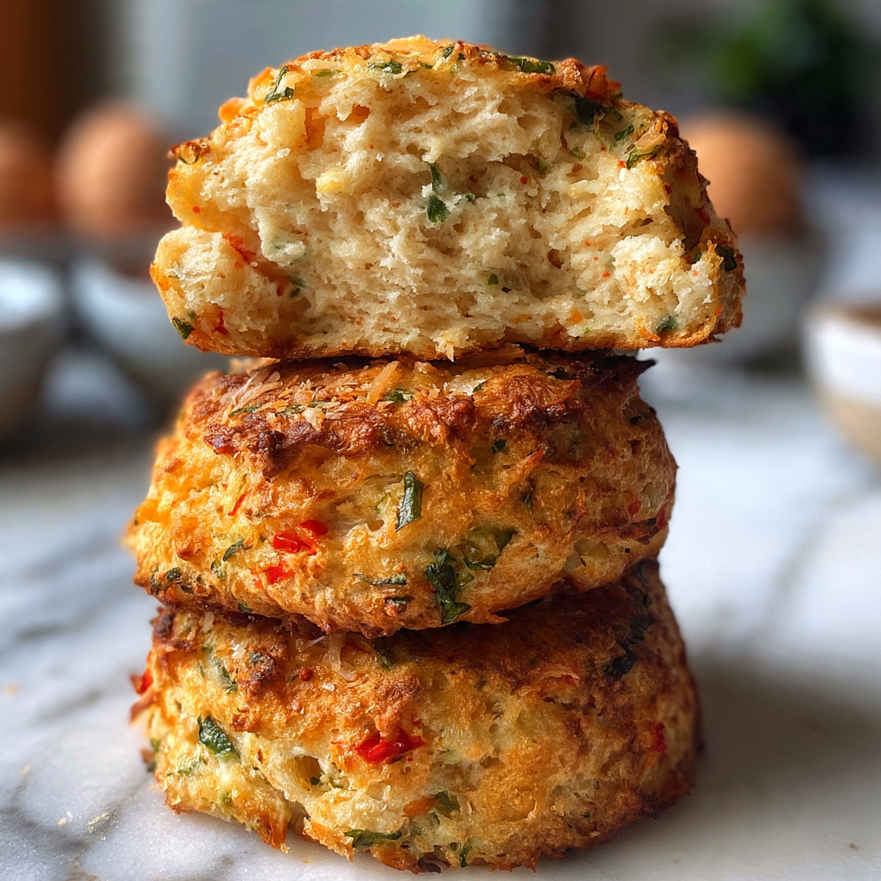 square image A close-up of a stack of three golden, round biscuits with rough, crispy tops showing bits of green herbs and red peppers inside; the top biscuit is split in half, revealing a soft, fluffy light beige interior with visible specks of green and red. The biscuits sit on a white marbled surface, with blurred eggs and small bowls in the soft background. The texture is crumbly outside and airy inside, with hints of grated cheese on top. Photo taken with an iphone --ar 4:5 --v 7