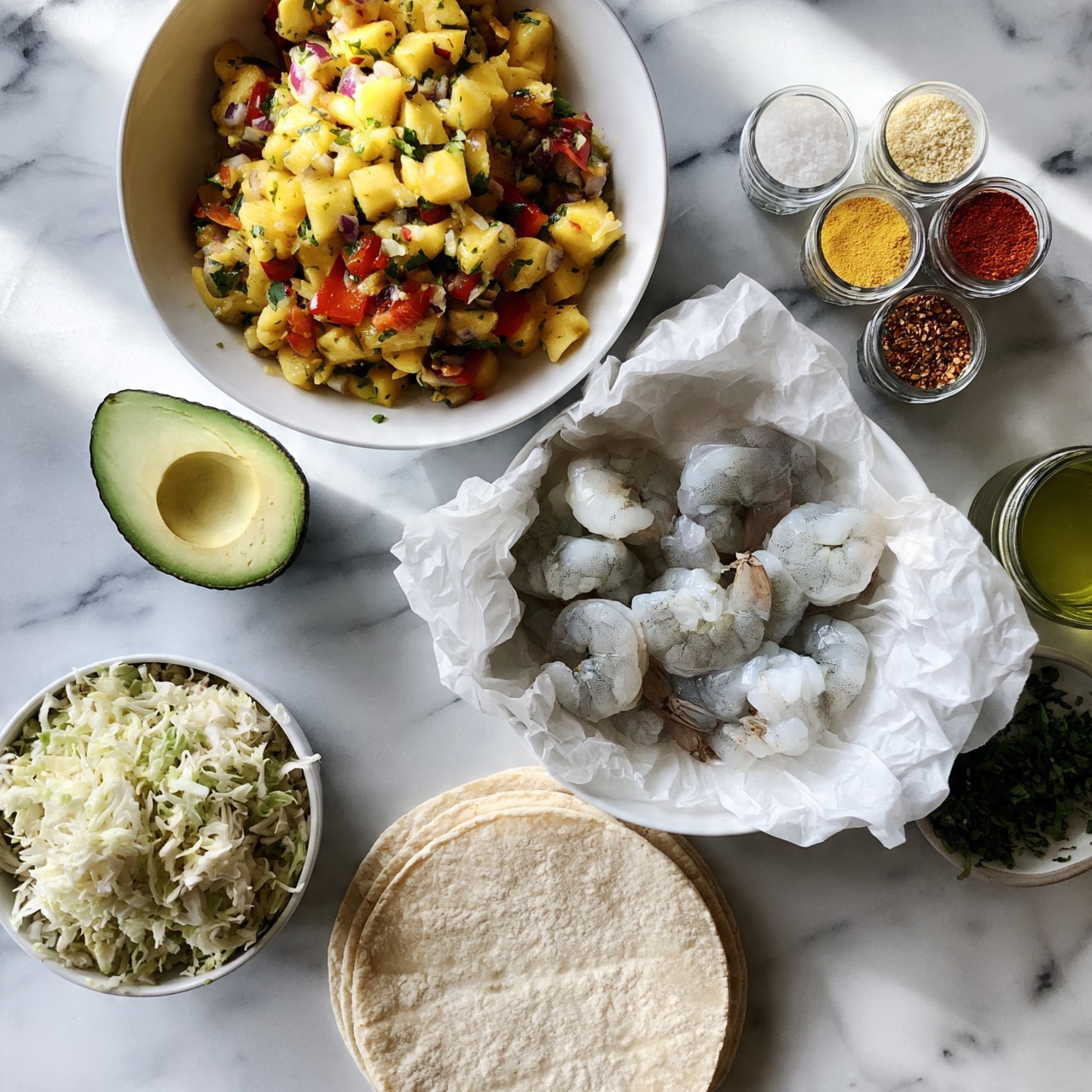 square image A white bowl lined with crumpled white parchment paper holds raw shrimp, pale gray with hints of translucent white, arranged in loose clusters. To the upper left, a large white bowl contains a colorful salsa made of diced yellow mango, red bell pepper, green herbs, and bits of purple onion, showing a rough chunky texture. Below this, half an avocado with smooth, green flesh lies on a white marbled surface. At the bottom left, a small white bowl is piled with finely shredded pale green and white cabbage. To the center bottom, a stack of soft, light beige corn tortillas rests flat. A small bowl of chopped green herbs is near the right side, next to a clear container of light green liquid, likely olive oil. Six small, clear jars arranged in the upper right contain granulated white and yellow powders and vibrant red and brown spices. The whole scene is set on a white marbled background with soft natural light. photo taken with an iphone --ar 4:5 --v 7