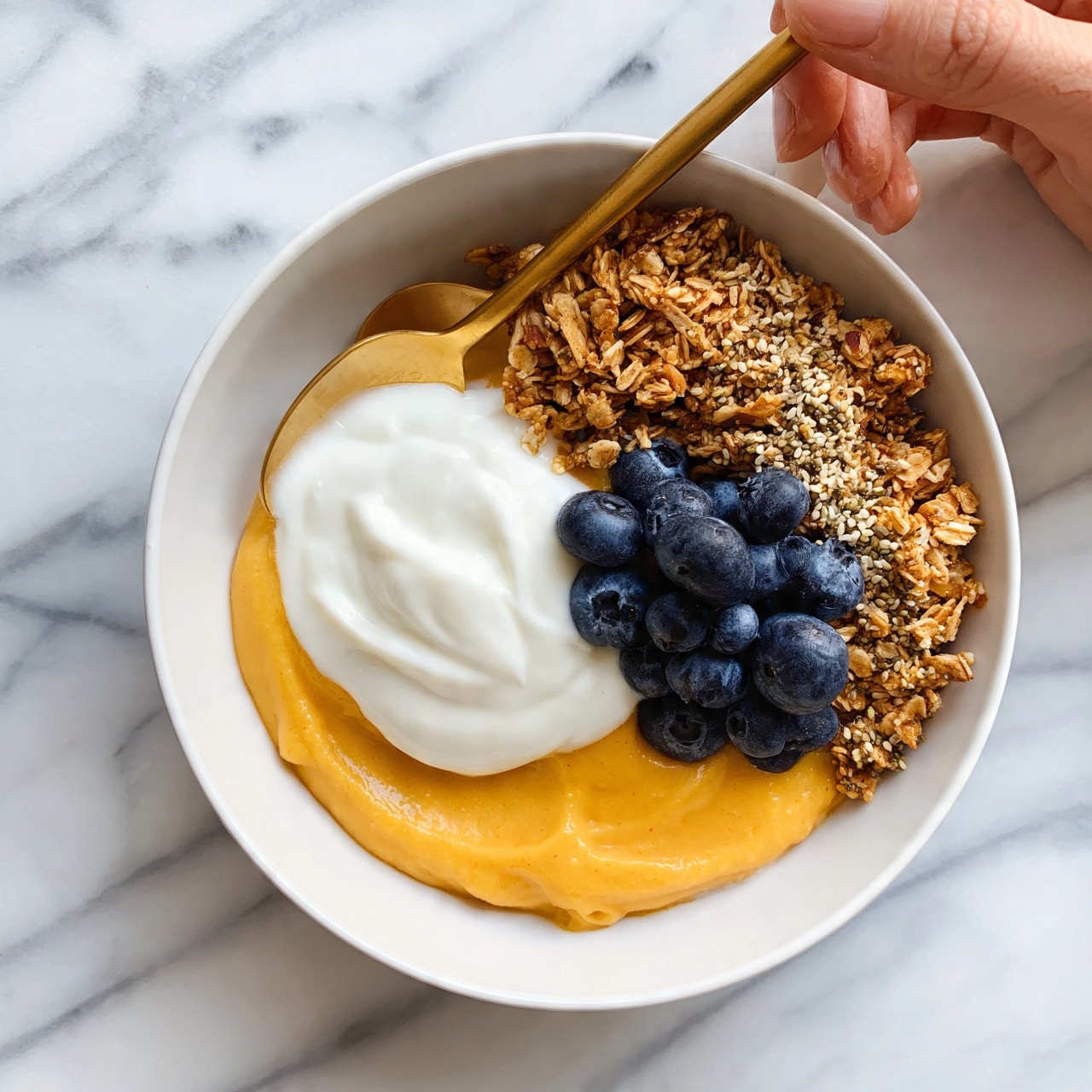 square image A white bowl filled with a layered dish placed on a white marbled surface. The bottom layer is a creamy orange puree, topped on one side with a neat spoonful of white yogurt sauce. Next to the yogurt is a small pile of fresh, dark blue blueberries. On the remaining side is a crumbly granola layer with a sprinkle of seeds, creating a crunchy texture. A gold spoon is resting inside the bowl, with a woman's hand gently holding it from above. Photo taken with an iphone --ar 4:5 --v 7