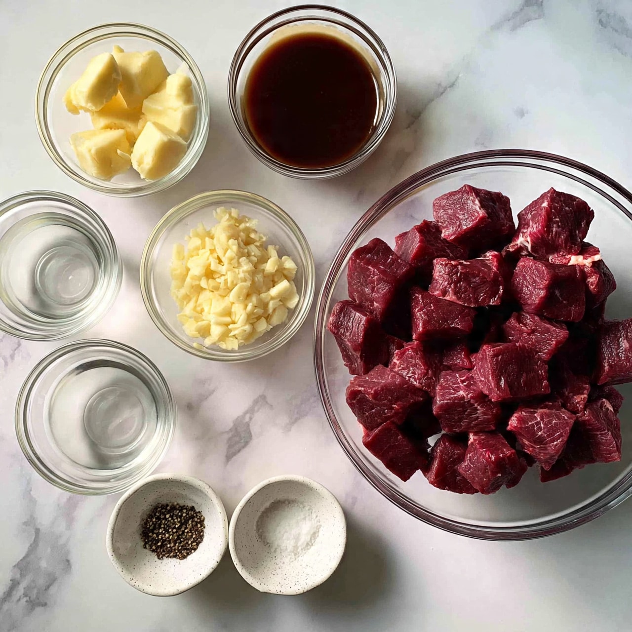 square image The image shows a collection of ingredients arranged on a white marbled surface. On the right, there is a clear glass bowl filled with deep red cubes of raw meat. To the left, smaller clear bowls hold different ingredients: one with light yellow butter chunks, one with minced pale garlic, one with dark brown sauce, and two with clear liquids. Additionally, two small white speckled bowls contain black pepper and white salt. The bowls and ingredients are neatly spaced, creating a balanced and organized layout. Photo taken with an iphone --ar 4:5 --v 7