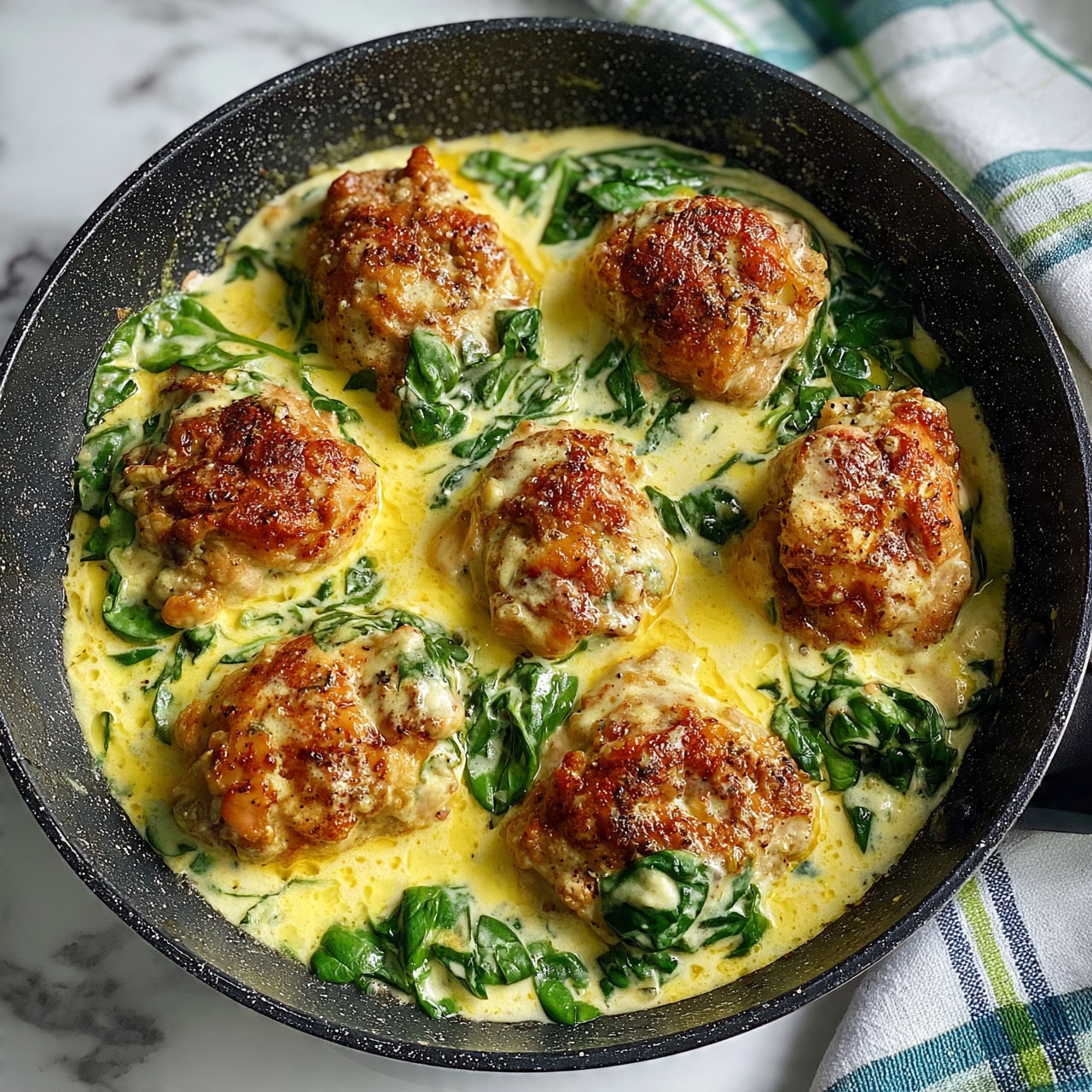 square image A black speckled pan holds six browned cooked pieces of chicken sitting in creamy yellow sauce with fresh green spinach leaves scattered throughout. The chicken pieces have a slightly crispy texture with seasoning visible, and the sauce is thick and smooth, partially covering the chicken and spinach. The pan is placed on a white marbled surface with a white, green, and blue checkered cloth nearby, giving the scene a clean and bright look. photo taken with an iphone --ar 4:5 --v 7
