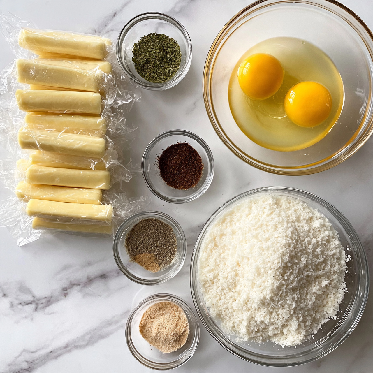 square image A white marbled surface holds several clear glass bowls and individually wrapped cheese sticks. One large bowl contains two raw yellow eggs, while another large bowl is filled with white panko crumbs. Three small bowls hold spices: one with a green dried herb mix, another with a dark brown spice, and the last with two light brown powders. In the left center, many pale yellow cheese sticks wrapped in clear plastic are neatly arranged. photo taken with an iphone --ar 4:5 --v 7