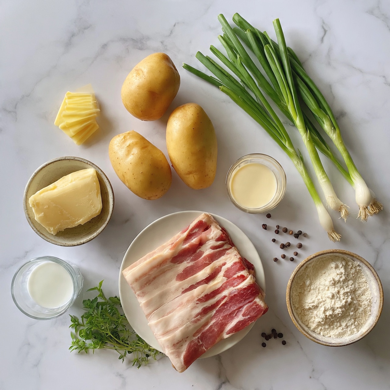 square image The image shows a white marbled surface with several cooking ingredients arranged neatly. There are three light brown potatoes with smooth skins placed near the center. To the right, there are three green onions with fresh green tops and white bulbs. Near the potatoes, there is a small stack of yellow butter slices, and next to it, a small bowl with a chunk of pale yellow cheese. Below, a white plate holds folded slices of pink and white bacon. Two small clear glasses hold white and cream-colored liquids, and there is a small bowl filled with white flour. A small bunch of fresh green herbs and some whole black peppercorns are also visible on the surface. Photo taken with an iphone --ar 4:5 --v 7