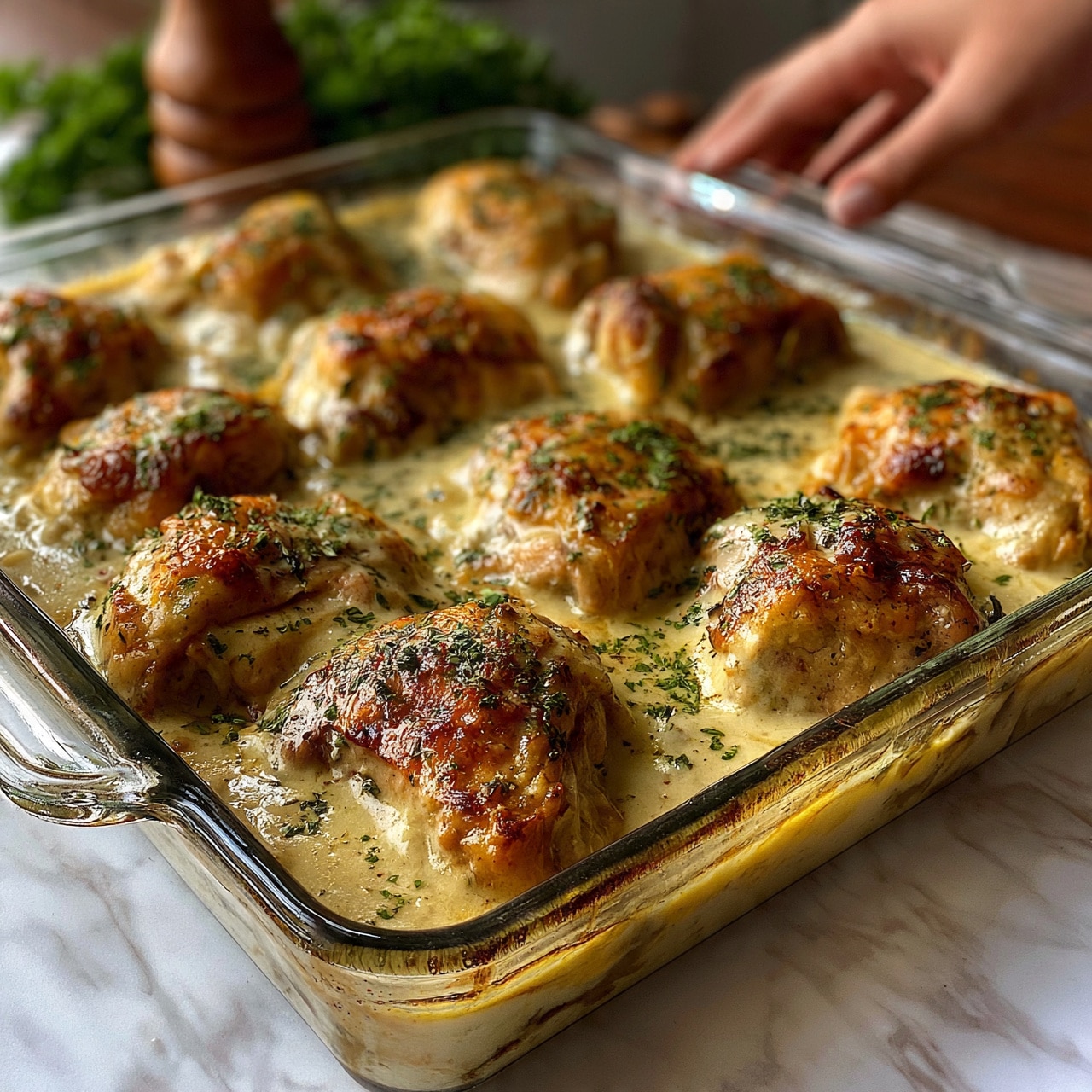 square image The image shows a glass baking dish filled with cooked chicken thighs covered in a thick, creamy sauce that is light yellow with a smooth texture. The chicken pieces are golden brown on top and partially submerged in the sauce, with a sprinkle of finely chopped green herbs scattered across the surface. The dish is placed on a white marbled surface, with a wooden pepper grinder and some fresh parsley in the background. A woman's hand is seen reaching toward the dish. photo taken with an iphone --ar 4:5 --v 7
