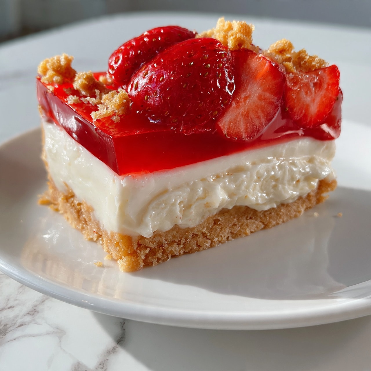 square image A slice of strawberry dessert with three main layers is shown on a white plate. The bottom layer is a light golden crumbly crust. The middle layer is thick, creamy, and white with a soft texture. The top layer is a bright red strawberry jelly with whole and sliced strawberries placed on top. Crumbled bits of crust are also scattered around the top edges. The plate is set on a white marbled surface. Photo taken with an iphone --ar 4:5 --v 7