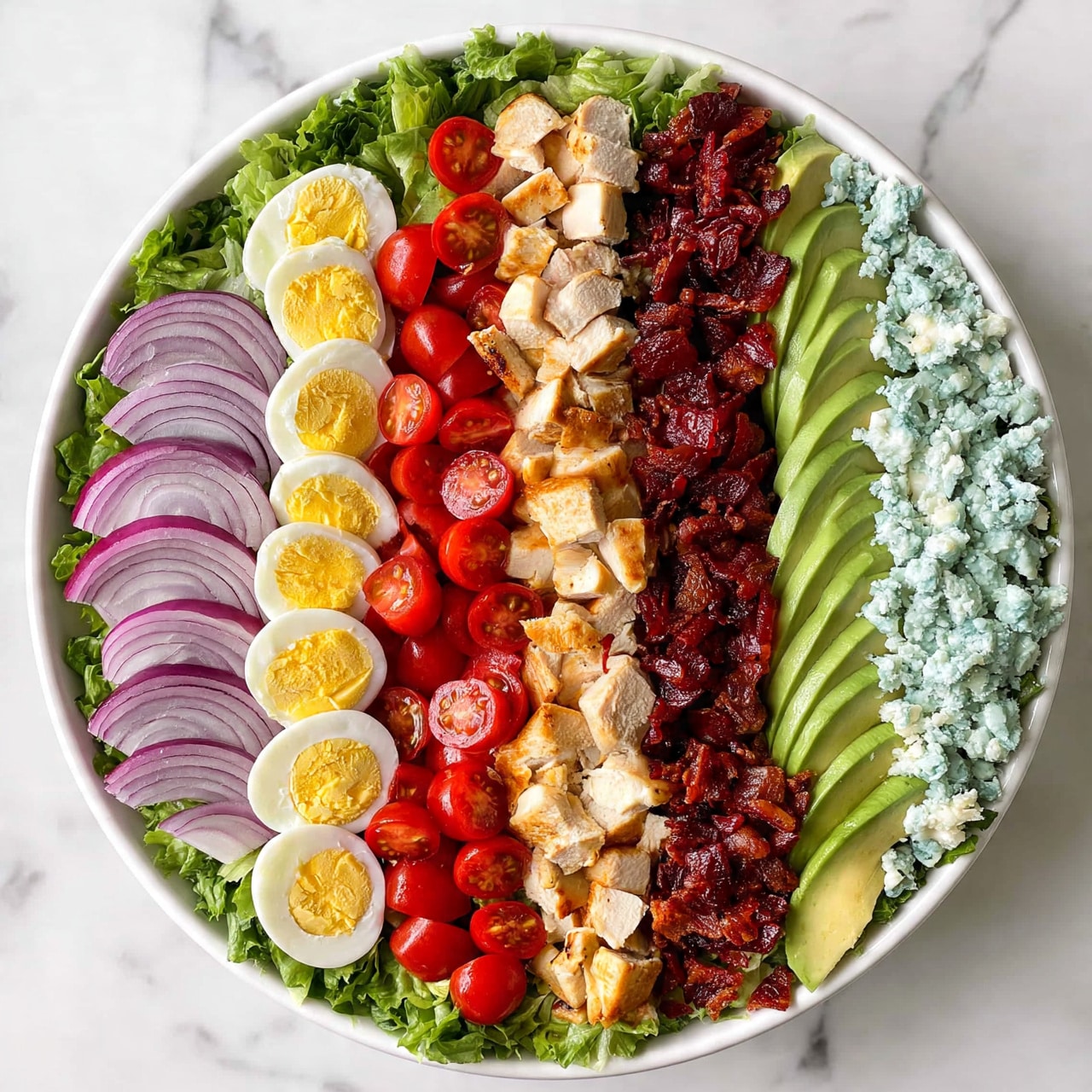 square image A large white bowl filled with layered salad on a white marbled surface. The base layer is green leafy lettuce covering the whole bowl. On top, arranged in wide vertical strips going from left to right: sliced red onion with purple rings, quartered boiled eggs with bright yellow yolks, halved cherry tomatoes bright red in color, diced cooked chicken with a light brown grilled look, crispy cooked bacon pieces dark red, ripe sliced avocado green with light yellow inside, and crumbled light blue cheese. The layers show clear colors and textures with no mixing, and the bowl is slightly tilted for good view. Photo taken with an iphone --ar 4:5 --v 7