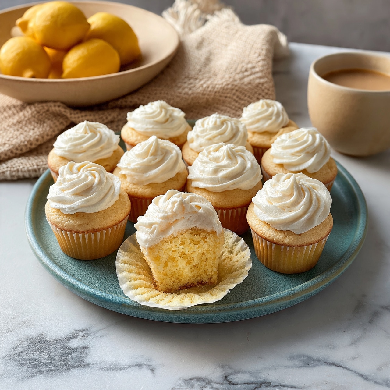 square image A round teal plate holds twelve yellow cupcakes each topped with a thick swirl of white frosting. One cupcake near the front has its paper wrapper peeled down and a large bite taken out of it, showing its soft yellow inside texture. The plate rests on a white marbled surface. Behind the plate, there is a beige woven cloth and a shallow round beige bowl filled with bright yellow lemons. To the right, a beige ceramic cup filled with light brown coffee completes the scene. The lighting is soft and natural, giving a cozy feel. photo taken with an iphone --ar 4:5 --v 7