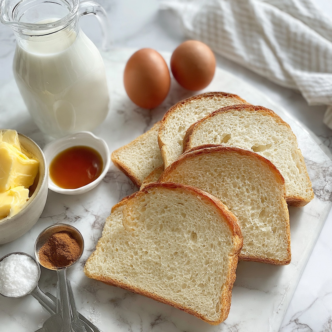 square image The image shows several slices of white bread with a soft, spongy texture arranged on a white marbled surface, accompanied by two whole eggs with smooth brown shells placed near the top. There is a clear glass jug filled with white milk positioned to the left, and a small bowl containing soft yellow butter sits next to a small bowl of amber-colored vanilla extract. Additionally, two measuring spoons hold white and brown powders, likely salt and cinnamon, and a striped white cloth lies partially in the background. photo taken with an iphone --ar 4:5 --v 7