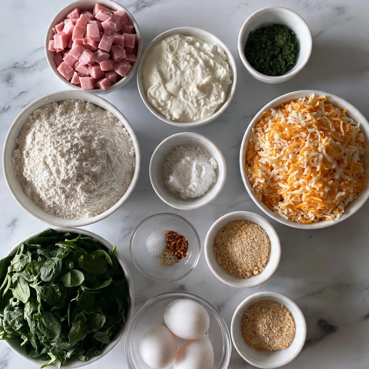 square image The image shows nine white bowls of different sizes arranged neatly on a white marbled surface. Starting from the top left, there is a bowl filled with pink, cubed ham pieces. To its right, a smaller bowl holds chopped green herbs. Below the ham, a large bowl contains white flour with a powdery texture. At the center, a medium bowl is filled with thick white sour cream. Next to it, a small bowl contains white powder, likely baking powder or salt. Moving right and downward, a large bowl holds shredded orange and white cheese mixed together. Below the cheese, a small bowl has light brown breadcrumbs. To its left, a small bowl contains seasoning, including salt, red pepper flakes, and garlic powder. Finally, at the bottom left, a large bowl is full of fresh dark green spinach leaves. In the middle-left bottom corner, three white eggs rest in a clear glass bowl. The layout is clean and organized, with good lighting emphasizing the colors and textures of each ingredient, photo taken with an iphone --ar 4:5 --v 7