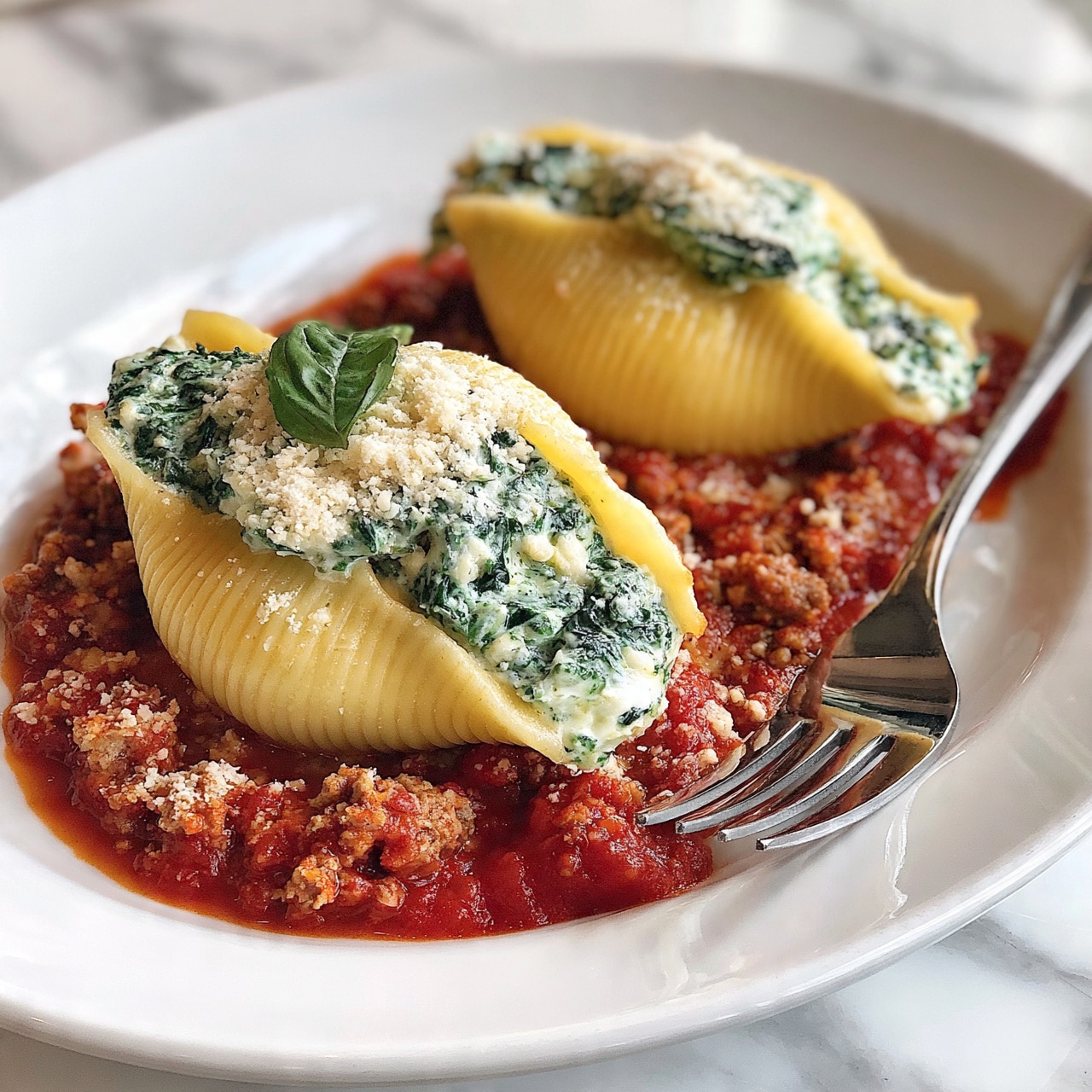square image The image shows a close-up of two large pasta shells stuffed with a creamy spinach and cheese mixture. The pasta shells are light yellow with a smooth texture and are placed on a white plate. The shells sit on a thick red tomato sauce layered with bits of browned meat and sprinkled with grated cheese on top. A small green basil leaf rests on the cheese for garnish. A silver fork is placed next to the shells on the plate, which is set on a white marbled surface. Photo taken with an iphone --ar 4:5 --v 7