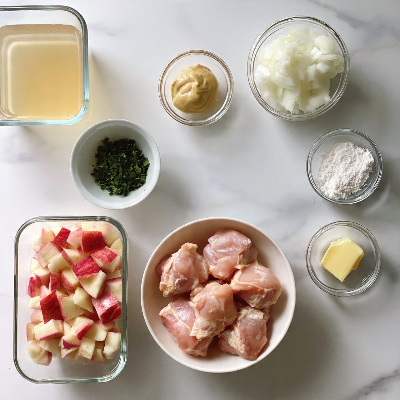 square image The image shows an overhead view of several glass and white bowls placed on a white marbled surface. At the bottom center, a white bowl contains several pieces of raw pink chicken meat. To its left, there is a rectangular glass container filled with chopped apples with red skin. To the top left, a square glass container holds a light yellow liquid, likely broth. Next, a small white bowl filled with chopped green herbs is visible. Above the chicken, a small glass bowl contains a beige sauce or mustard. To the right of the sauce, a larger glass bowl contains white chopped onions. Further right, two small glass bowls hold white powder, probably flour and salt, and a small piece of yellow butter. Photo taken with an iphone --ar 4:5 --v 7