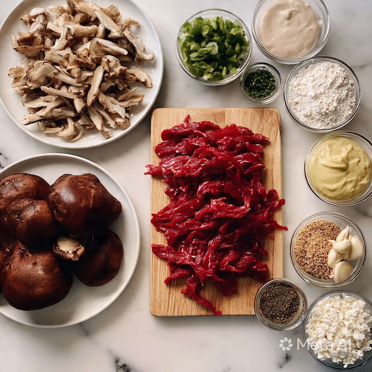 square image The image shows a white plate full of sliced light brown mushrooms on the top left, and below it a white plate with large dark brown whole mushrooms. In the center, there is a wooden cutting board with thin bright red meat strips spread on it. Surrounding these main items are small clear bowls filled with different ingredients: green sliced peppers, light creamy sauce, white flour, pale yellow mustard, green herbs in a small glass bowl, garlic cloves, light brown breadcrumbs, dark seasoning, and white crumbled cheese. All items are placed on a white marbled surface. A woman's hand is not visible in this image. photo taken with an iphone --ar 4:5 --v 7