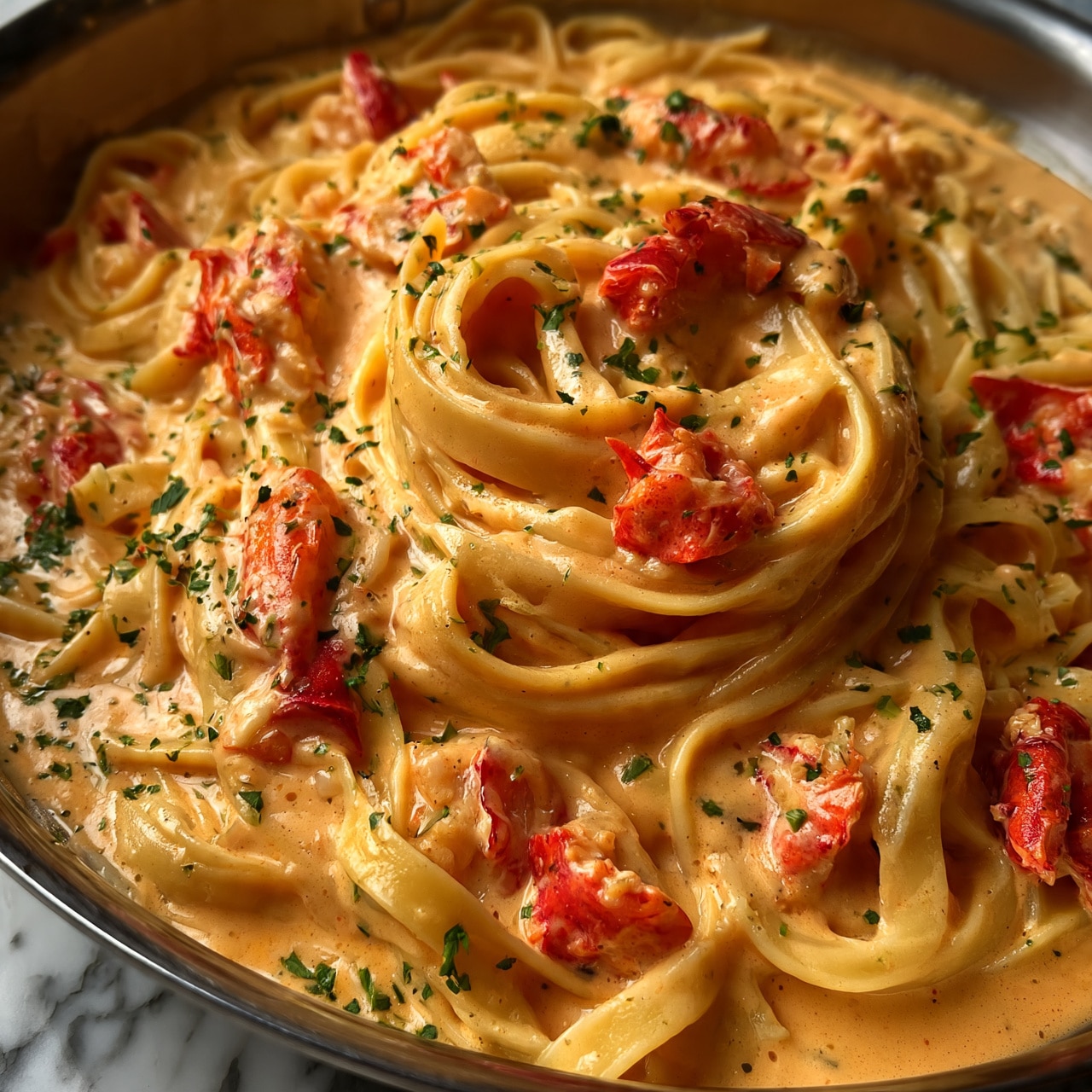square image This image shows a close-up of a creamy pasta dish served in a pan. The dish has several layers: a base of flat, long pasta strands in a light orange creamy sauce, mixed with pieces of bright red lobster meat scattered throughout. The sauce looks thick and smooth, coating each pasta strand evenly. Tiny green chopped herbs are sprinkled all over, adding fresh color. The colors are warm and rich, with the orange sauce, red lobster, and green herbs creating good contrast. The background is a white marbled texture. photo taken with an iphone --ar 4:5 --v 7