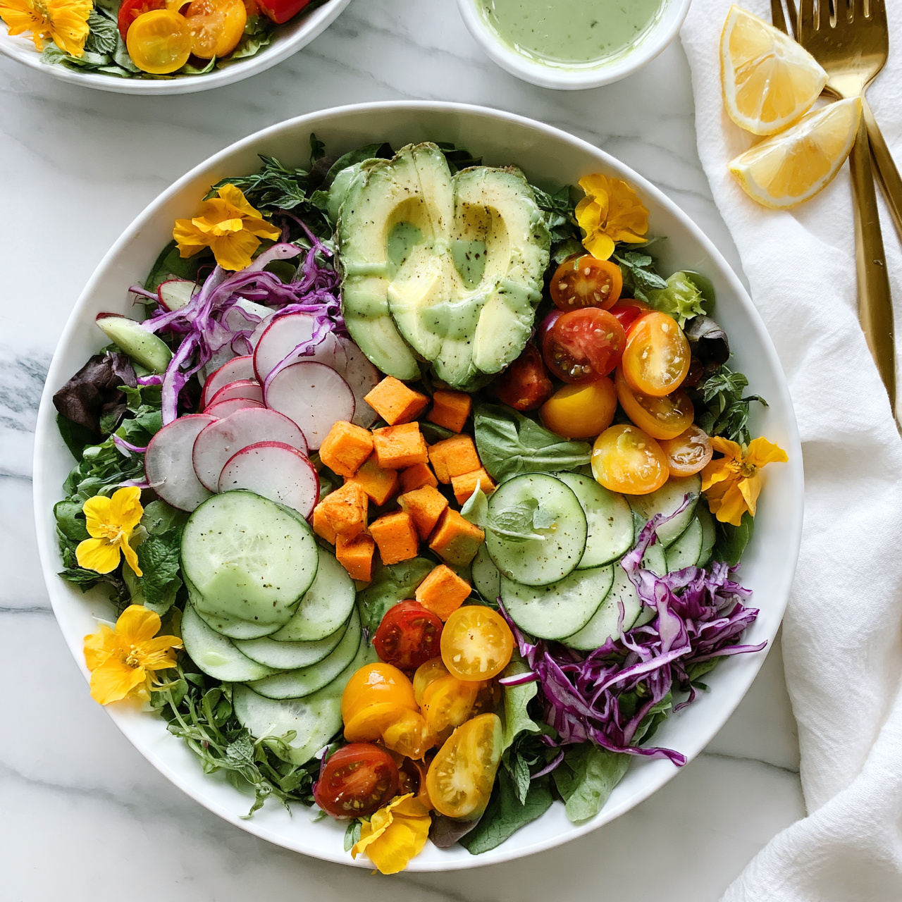square image Two white bowls filled with colorful salad sit on a white marbled surface. Each bowl has a base layer of mixed green leaves topped with slices of cucumber, radish, halved cherry tomatoes in red and yellow, shredded purple cabbage, and small orange cubes likely sweet potatoes. On top are three avocado slices with a drizzle of green dressing. Edible yellow flowers and fresh herbs add detail around the edges. Nearby is a small white bowl of light green dressing and lemon wedges placed next to gold utensils on a white cloth. The overall look is fresh and vibrant with refreshing colors. photo taken with an iphone --ar 4:5 --v 7