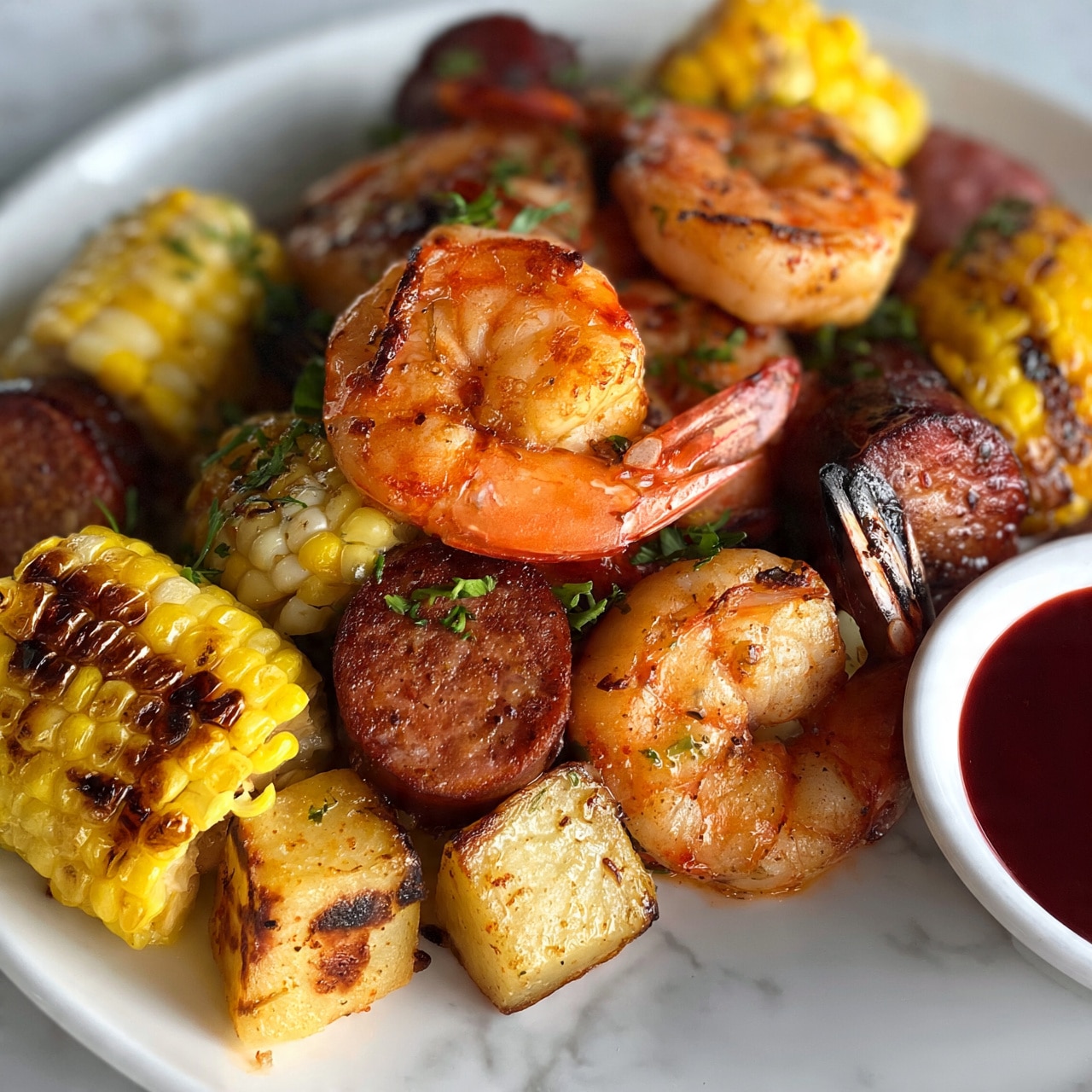 square image This image shows a close-up of a dish with several layers of grilled food items. The main layer has many large cooked shrimp colored orange with some char marks, placed all over the dish. Mixed in between are chunks of grilled corn on the cob, yellow with brown grill marks. There are slices of browned sausage scattered throughout, along with pieces of grilled potatoes that are golden and slightly charred. Small green herbs are sprinkled on top for color. In the lower right corner, there is a small white bowl filled with dark red sauce. The background surface is white and marbled, adding a clean look to the image. photo taken with an iphone --ar 4:5 --v 7