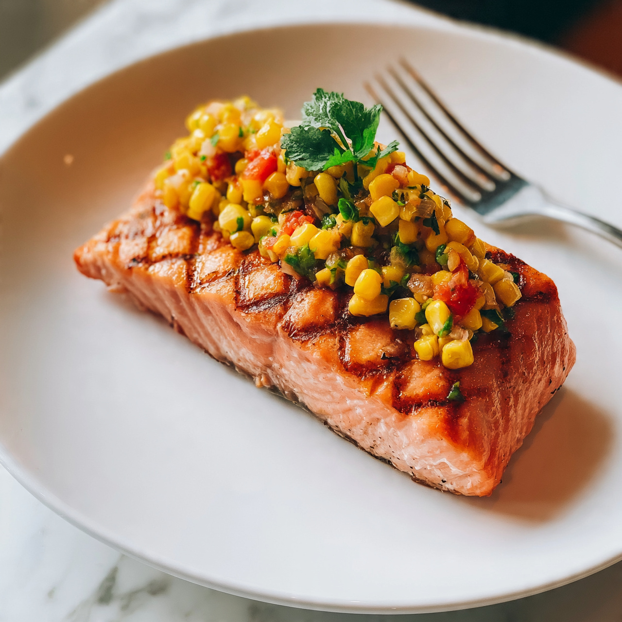 square image A single piece of grilled salmon with visible grill marks color of deep pinkish-orange sits centered on a clean white plate. On top of the salmon, there are two layers of chunky salsa made of bright yellow corn kernels mixed with small pieces of red tomatoes, green herbs, and bits of onions, giving a fresh and colorful texture. A small sprig of fresh green cilantro is placed as garnish on the top salsa mound. To the side of the plate is a silver fork resting on the white marbled surface. The lighting is warm, highlighting the juicy, cooked texture of the salmon. photo taken with an iphone --ar 4:5 --v 7
