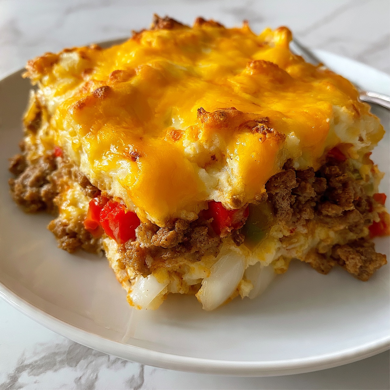 square image A white plate holds a layered casserole with three visible layers: a bottom layer of soft cooked white onions, a middle layer of cooked ground beef mixed with bits of red and green bell peppers, and a top layer of melted bright yellow cheese that covers the dish unevenly, showing some browned spots. The colors are warm and inviting, with the yellow cheese shining on top, the red and green peppers adding small pops of color in the middle, and the white onions peeking out at the bottom. A fork rests on the side of the plate, all placed on a white marbled surface. photo taken with an iphone --ar 4:5 --v 7