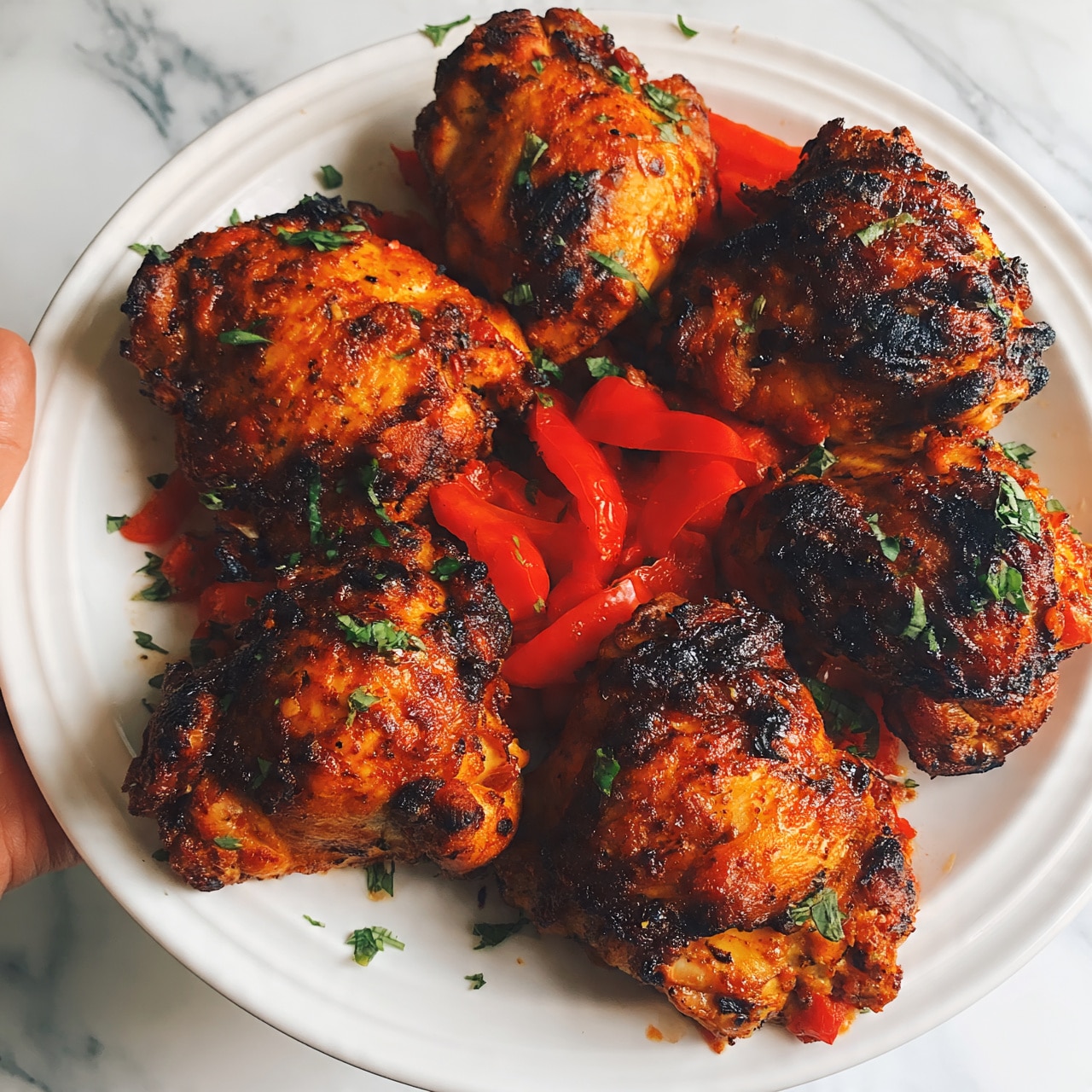 square image The dish shows seven grilled chicken thighs with a deep orange-red color and char marks, arranged closely on a large white plate. Bright red pepper slices are mixed around the chicken, adding contrast. Small green herb leaves are sprinkled across the chicken and plate edges for a fresh touch. The plate sits on a white marbled surface. A woman's hand is visible holding the plate from the side. photo taken with an iphone --ar 4:5 --v 7