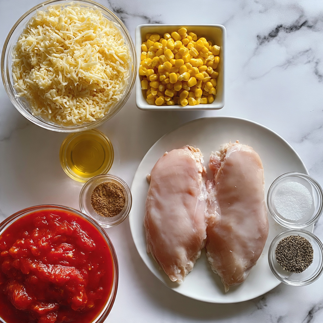 square image The image shows two raw pale pink chicken pieces placed side by side on a white plate on the bottom right. Above and to the left is a clear glass bowl filled with shredded pale yellow cheese. Next to the cheese bowl, there is a small white square bowl filled with bright yellow corn kernels. Below the cheese and corn, there is a small clear bowl with golden yellow oil. Below the oil bowl is another small clear bowl holding brown seasoning powder. To the bottom left of the chicken plate, there is a larger clear bowl filled with chunky bright red tomato sauce. Finally, at the bottom right near the chicken plate, there are two small clear bowls containing white salt and black pepper powder. All items rest on a white marbled surface. photo taken with an iphone --ar 4:5 --v 7