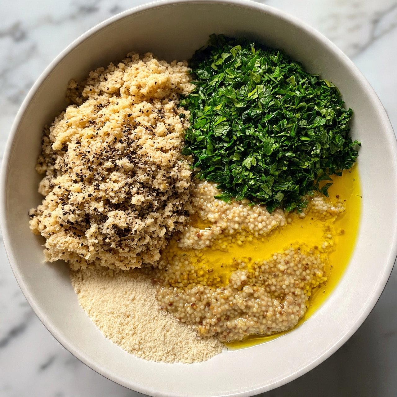 square image In a white bowl on a white marbled surface, there are five main layers: on the left, beige ground textured food with dark pepper spots; on the top right, bright green chopped leafy herbs; below the herbs, a layer of glossy yellow oil mixed with some light brown grainy mustard; and on the bottom left, a pale crumbly powder. These layers are not mixed, each clearly separated. photo taken with an iphone --ar 4:5 --v 7square image