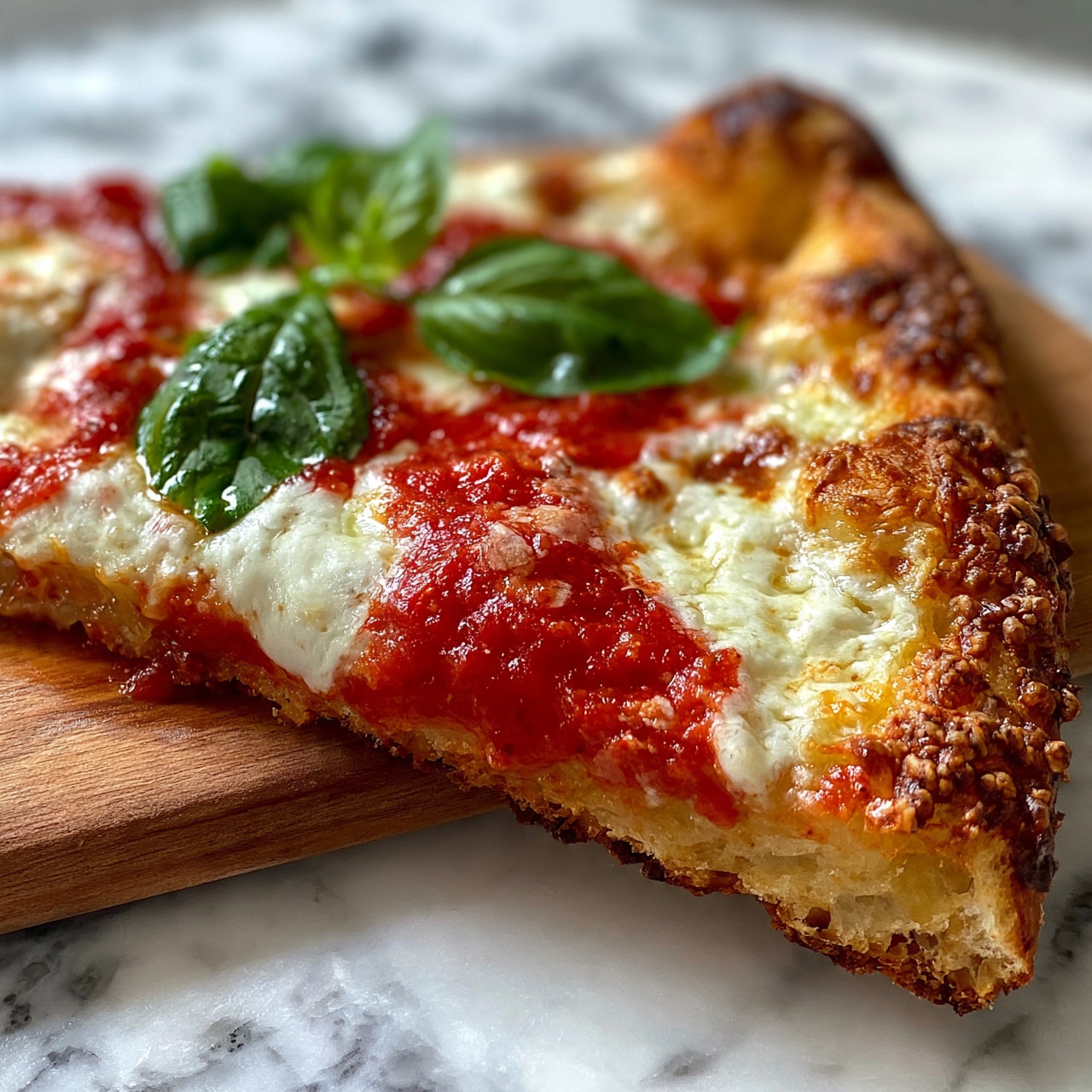 square image A close-up of a pizza slice with a golden-brown toasted crust showing some crisp and bubbly edges. The first layer is a bright red tomato sauce spread evenly, topped with melted white mozzarella cheese that looks soft and slightly melted in spots. Fresh green basil leaves are scattered on top, adding a touch of brightness and color contrast. The pizza rests on a wooden board set against a white marbled texture background. photo taken with an iphone --ar 4:5 --v 7