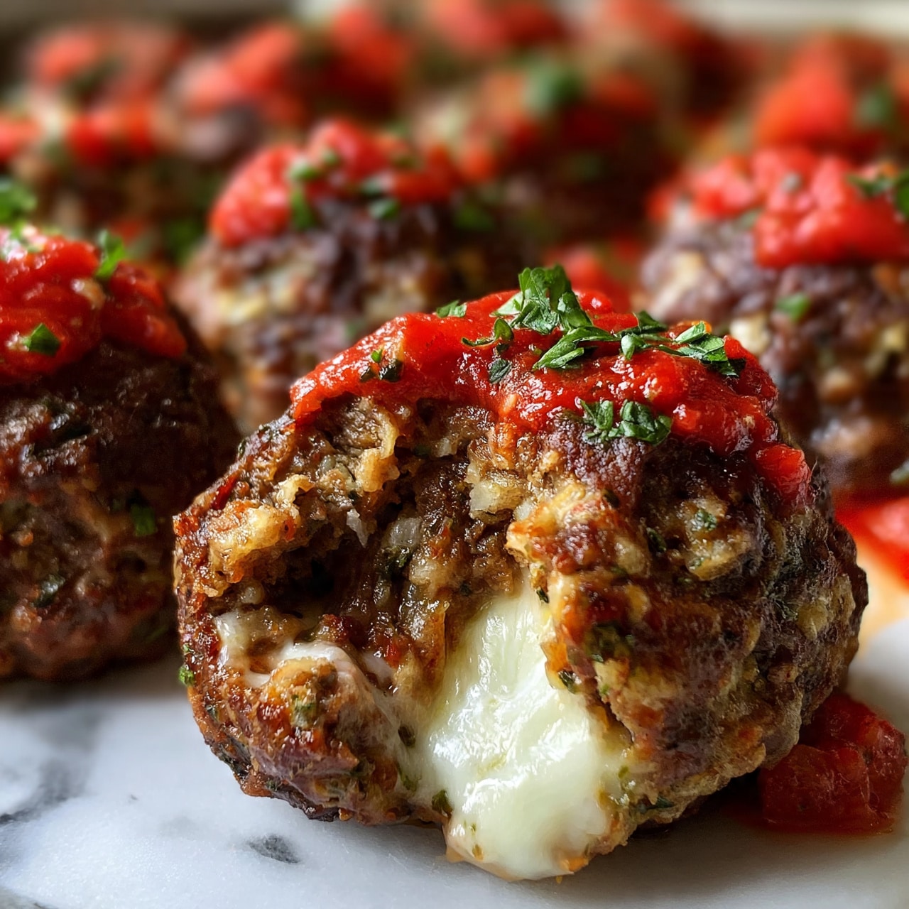 square image The image shows several brown meatballs covered with bright red tomato sauce and small green herb pieces sprinkled on top. One meatball is broken open, revealing a soft, white melted cheese inside. The meatballs have a textured, cooked surface with some bits of herbs mixed in. The background is blurry but filled with more meatballs and sauce, all sitting on a white marbled surface. photo taken with an iphone --ar 4:5 --v 7