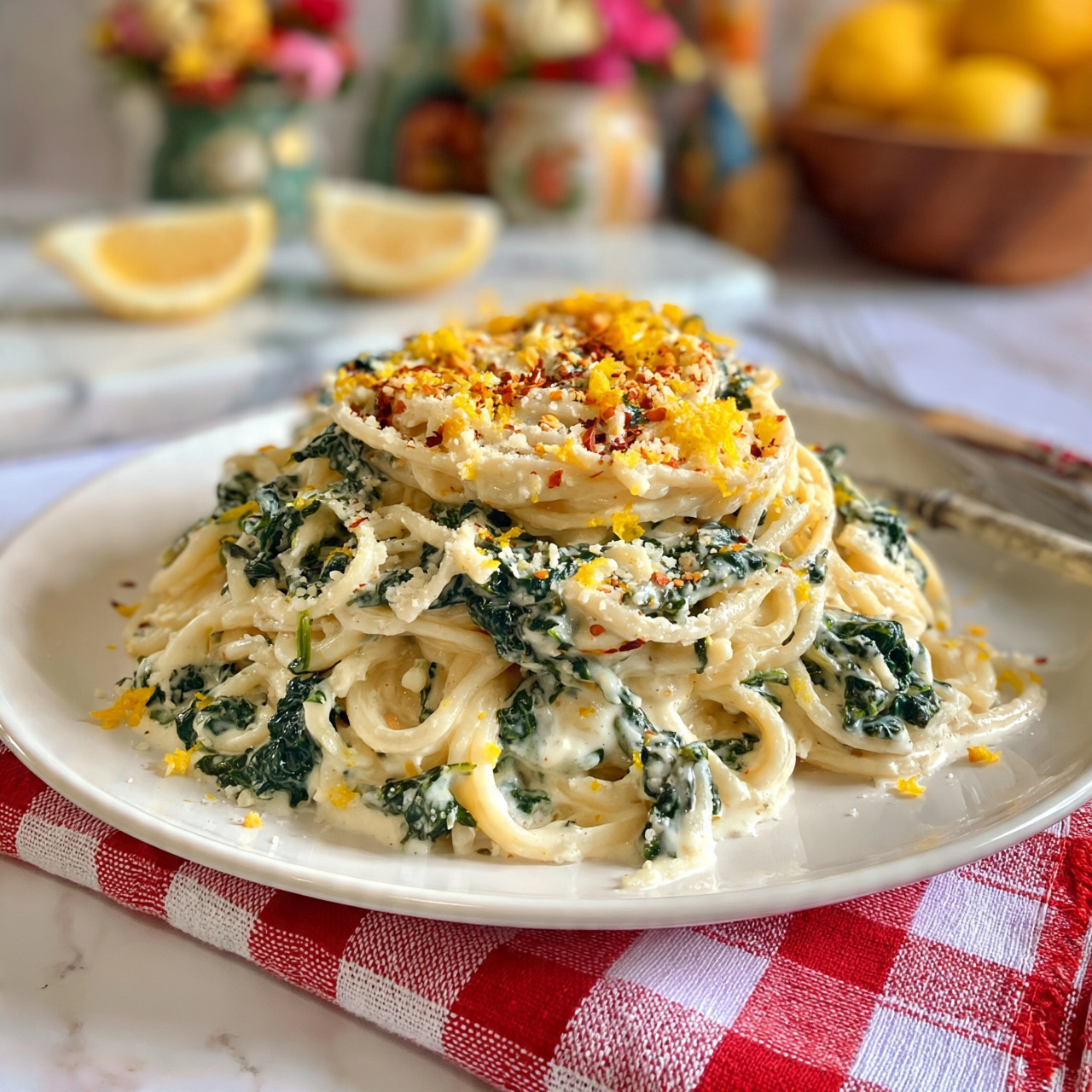 square image A white plate sits on a red and white checkered cloth, holding a mound of creamy spaghetti. The pasta is coated in a rich, white sauce mixed with dark green spinach leaves and specks of grated cheese on top. Small bits of red chili flakes and bright yellow lemon zest are scattered evenly across the top layer. In the background, there are two lemon wedges placed on the white marbled surface behind the plate. Utensils lie to the right of the plate, and decorative floral containers and bottles are visible further back, along with a wooden bowl filled with whole lemons. The overall scene is warm and inviting, with a white marbled texture as the surface and backdrop. photo taken with an iphone --ar 4:5 --v 7