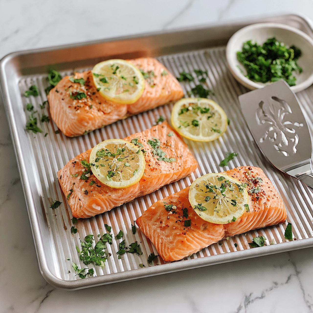 square image The image shows four cooked salmon fillets on a metal baking tray with ridges, each fillet topped with a thin slice of lemon and sprinkled with finely chopped green herbs and small bits of seasoning. The salmon is a fresh orange-pink color with a slightly flaky texture, and the lemon slices add a pale yellow contrast on top. Pieces of green herbs are scattered around the fillets and on the tray. To the side, there is a small white bowl with more chopped green herbs inside. A silver spatula with a decorative cut-out design rests next to the salmon pieces. The tray is set on a white marbled surface. photo taken with an iphone --ar 4:5 --v 7
