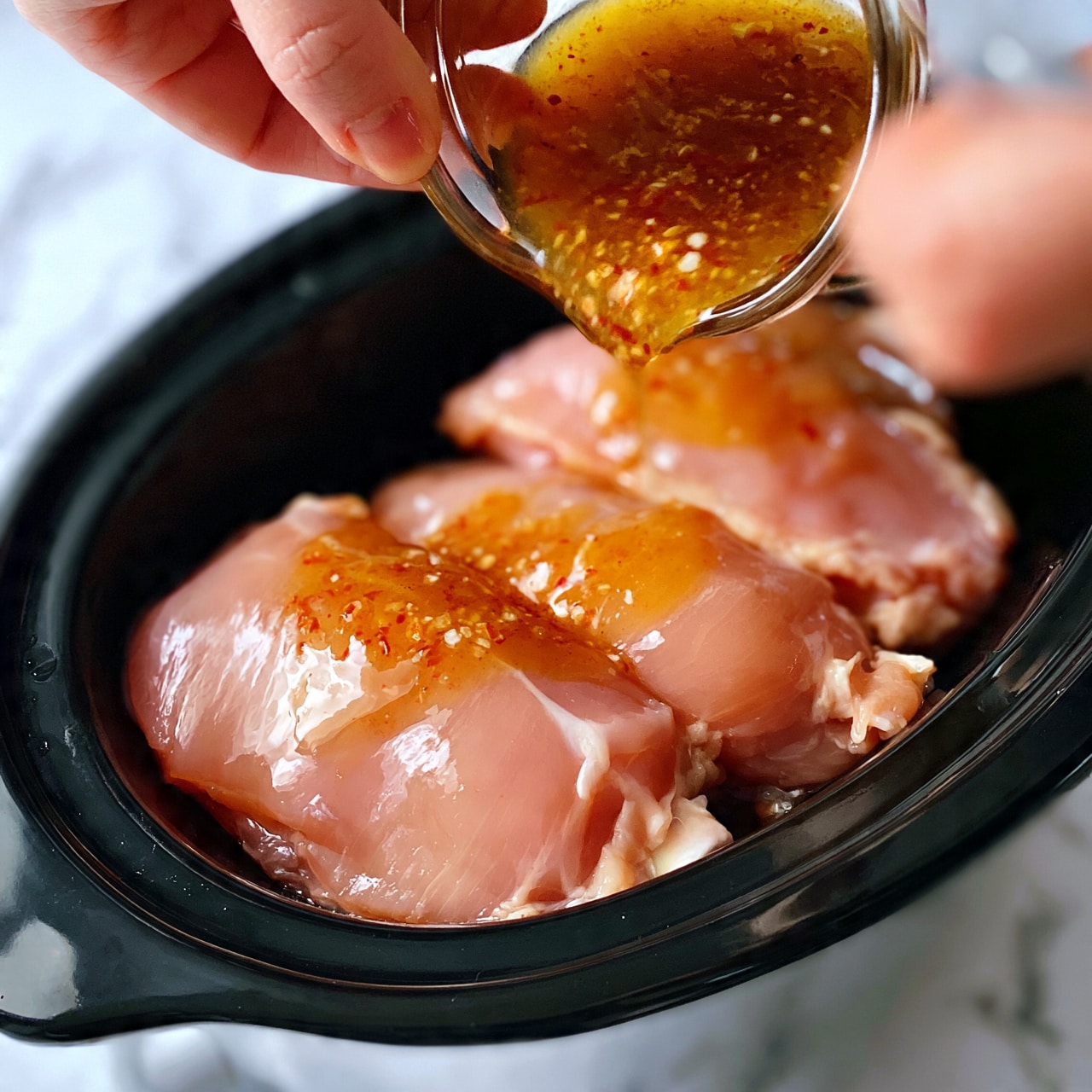 square image The image shows three raw chicken pieces placed side by side inside a black slow cooker. A woman's hand is pouring a golden-brown sauce with visible red and white spices over the chicken, making the glossy sauce cover the top of the meat. The chicken pieces are smooth and pink with some light marbling. The background is a white marbled texture. photo taken with an iphone --ar 4:5 --v 7